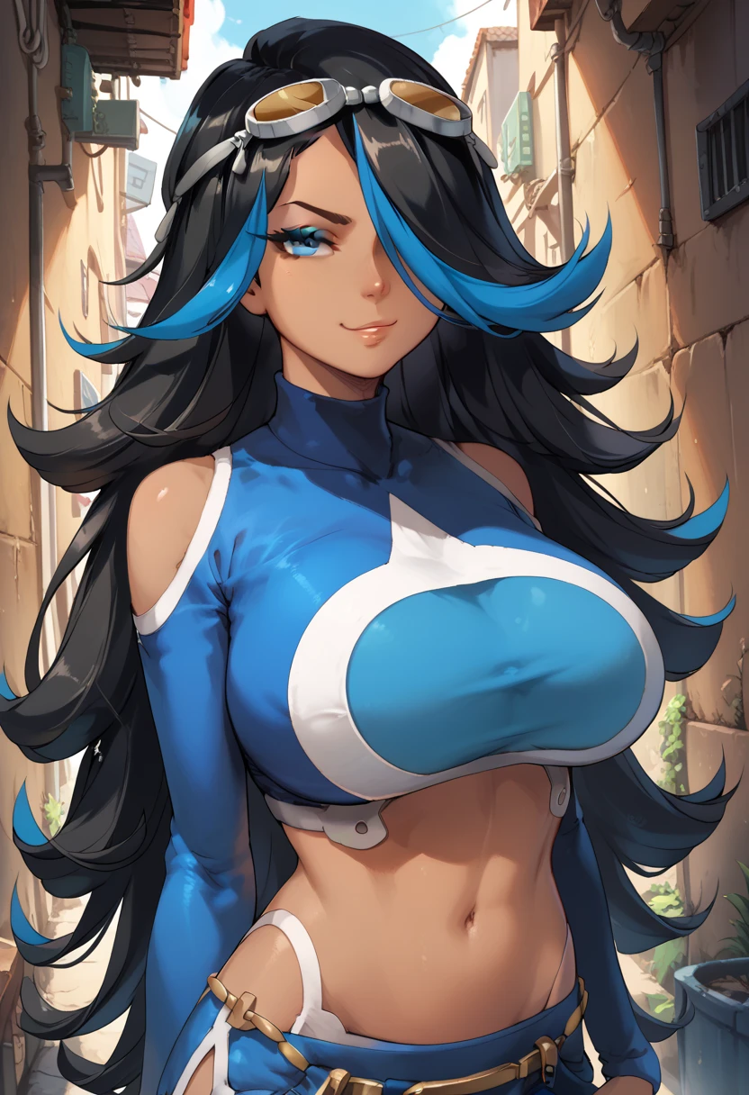 Solo, zzShelly, blue eyes, long hair, blue hair, multicolored hair, dark skin, black hair, two-tone hair, hair over one eye, goggles on head, crop top, midriff, streaked hair, shoulder cutout, navel, smug look, huge breasts, back alley, cowboy shot, standing