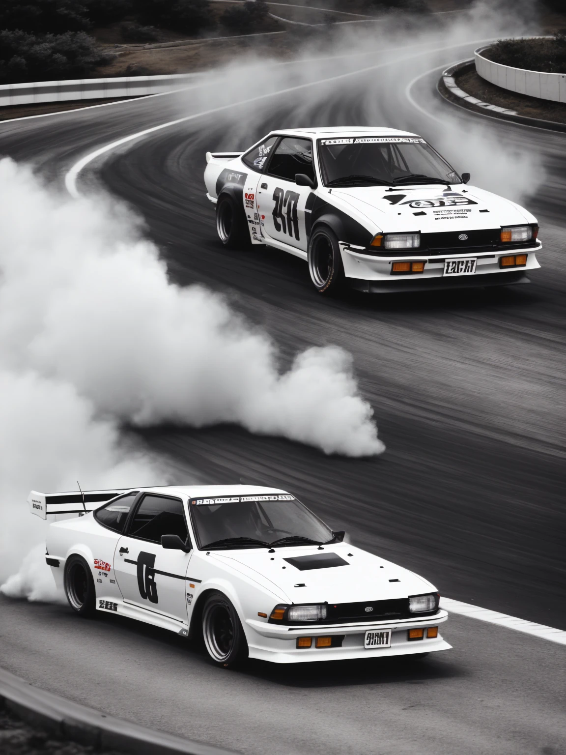 Mountain pass drift Race , Toyota ae86 , Precision Automotive Detailing , drift , tail slide , spin turn , burnout , (tail-slide , horizontal motion blur) , Black and white two-tone color, Fujiwara Tofu Shop