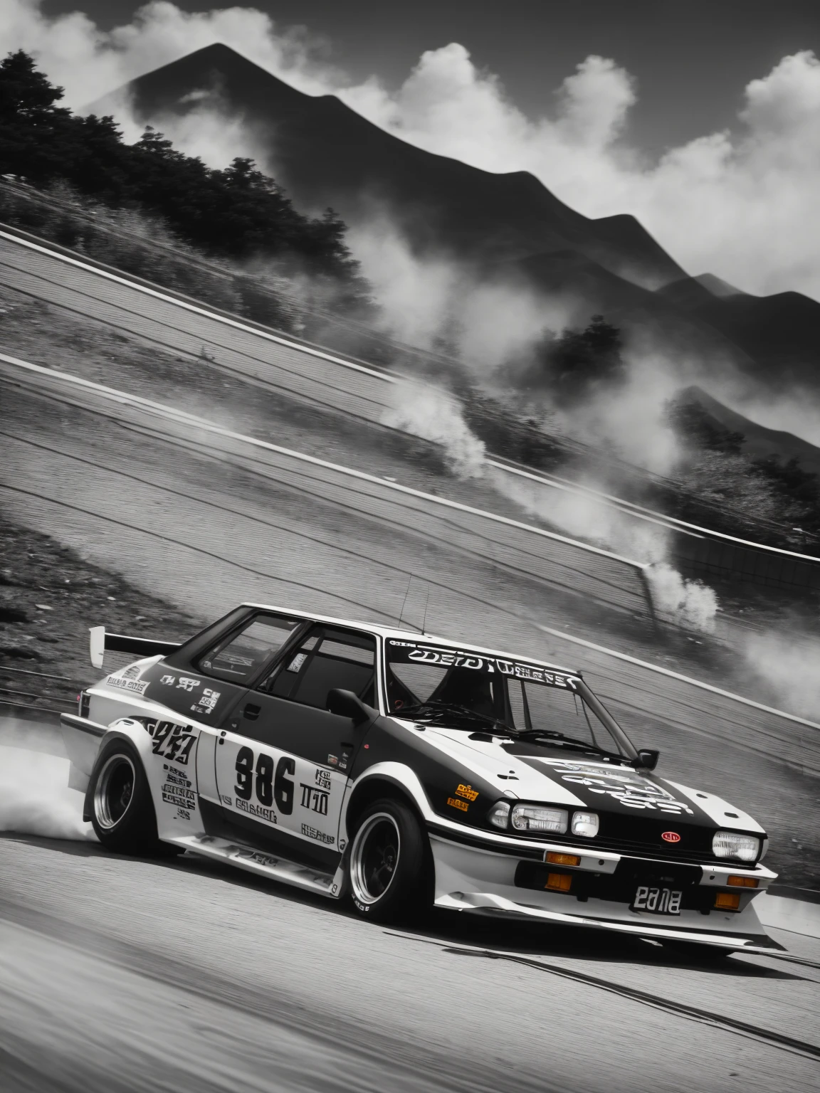 Mountain pass drift Race , Toyota ae86 , Precision Automotive Detailing , drift , tail slide , spin turn , burnout , (tail-slide , horizontal motion blur) , Black and white two-tone color, Fujiwara Tofu Shop