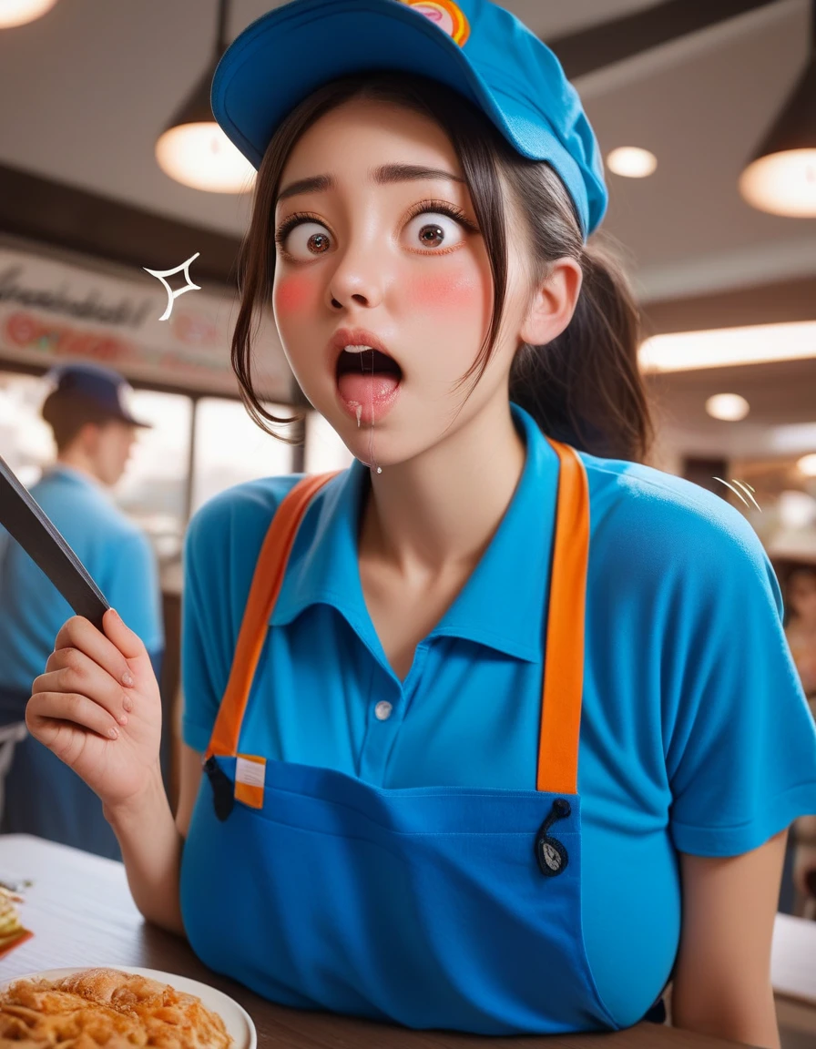 cute petite brunette woman in fast food worker outfit, blue hat, blue apron, blue shirt, big boobs, red cheeks, blushing, large brown eyes, black eye liner, brunette hair, sexy, cute, busty, wide-eyed, shocked expression, mouth open, drooling, shirt  getting pulled down to reveal massive breasts, boobs popping out of shirt, restaurant background, realistic, extremely detailed