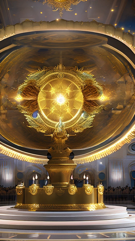  A huge colossal Eye with golden Aureoles, altar in the center ,  above the altar and a world behind ,  royal heavenly angel shaped like a huge golden eye , small details in high quality , celestial,  white light illuminating the entire environment, Universal, powerful, God, reference