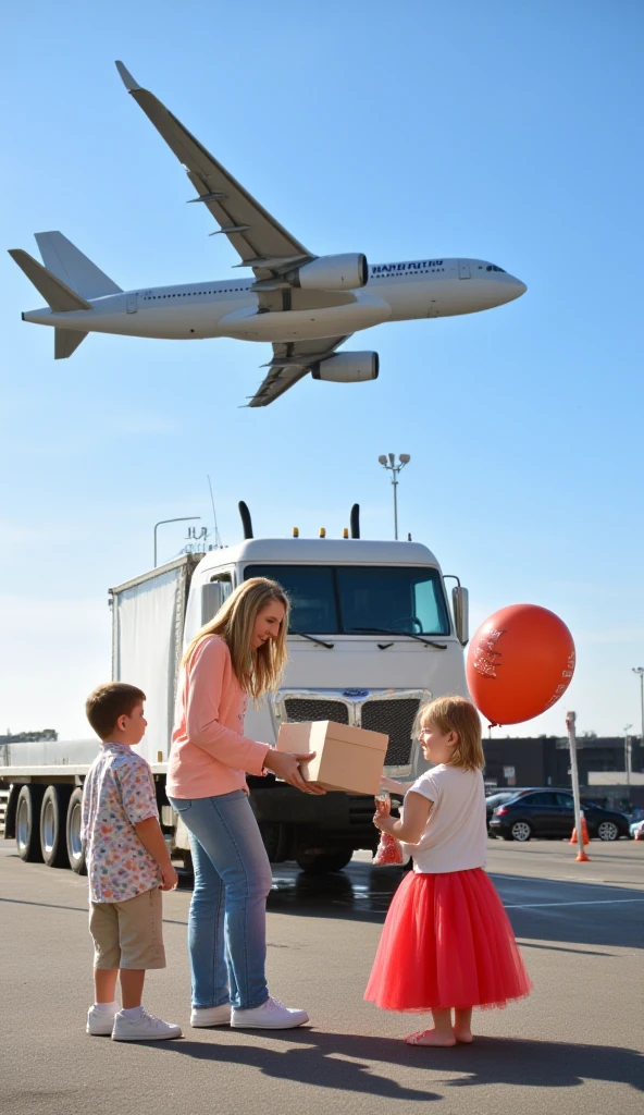 Image of a large cargo ship in the background with a cargo truck in front of it .  in the sky above the ship and the truck, a cargo plane is flying on which is written :  'Happy Mother's Day' .  In front of the ship and truck, an image of a mother with her two ren .  A baby boy giving a box The gift is to her mother and the baby girl is holding a balloon written on it: '20% Off' .