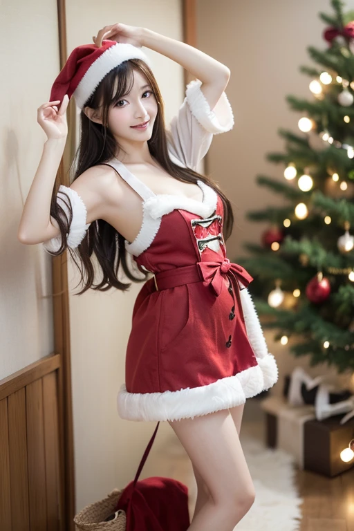 Japanese model posing in Santa cosplay,  Santa hat  、Santa costume ,  Cute Like an Angel 、 looking at camera、 Detailed Beautiful Eyes 、 cute smile、 a soft and gentle expression 