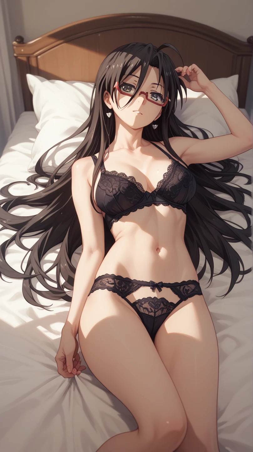 Sexy Chisato Hasegawa ,  long hair,  black hair, with glasses,  in lace underwear,  in a bed , 