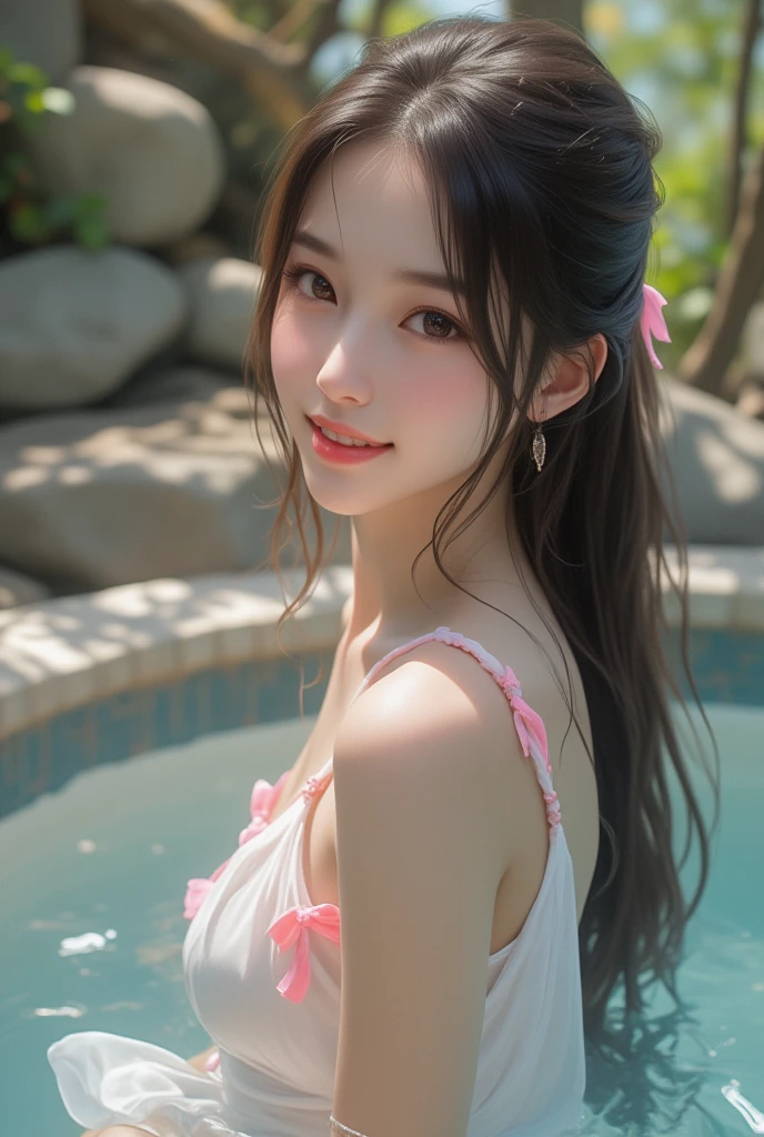 1girl, extremely cute face, Amazing face and eyes, (highly detailed eyes, highly detailed face), Fresh, very clean appearance, (hyper-realistic, hight resolution), (best Quality:1.4), Raw photo, (Realistic, Photorealsitic:1.37), Professional Photography, Cinematic Light, (floral pattern yukata:1.25), (amazing big breasts:1.1), (open yukata), (bare shoulders), Smile slightly, Staring at me, outdoor, Hot springs, (open-air bath at night:1.5), (dark forest), trees, rocks, lantern light, candle light,