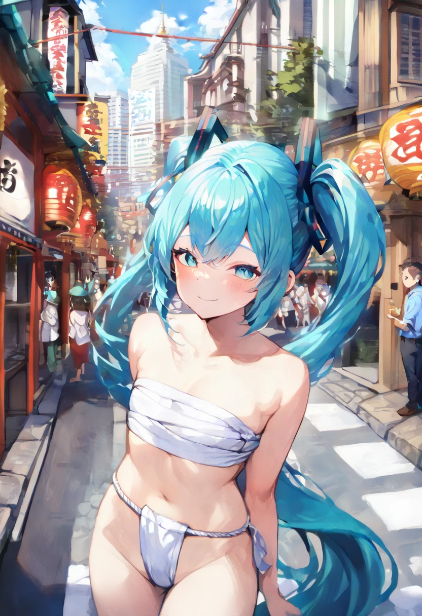 (hatsune miku:1.2), (yamakasa:1.4), (happi:1.4), (fundoshi:1.4), (cowboy shot:1.4), (downtown street, temple festival:1.4), 