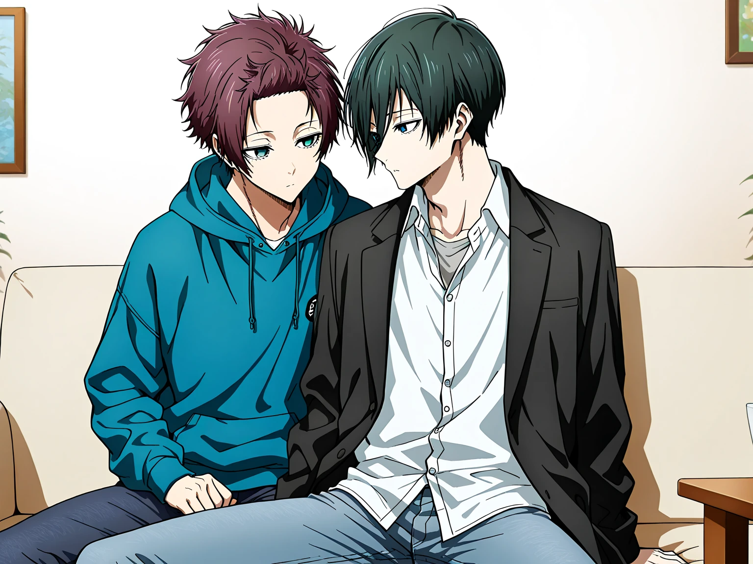 (masterpiece, best quality), amazing quality, very aesthetic, absurdres, highres, newest, HDR, 8K, extremely detailed face and eyes, duo focus, yaoi couple, 2boy, teal eyes, underlashes, short hair, sexy men, handsome, Blue Lock, Itoshi Sae, magenta hair, white buttoned shirt, black long coat, jeans, Itoshi Rin, dark green hair, blue hoodie, pants, solo, modern_bg, cozy, living room, sitting on couch, table