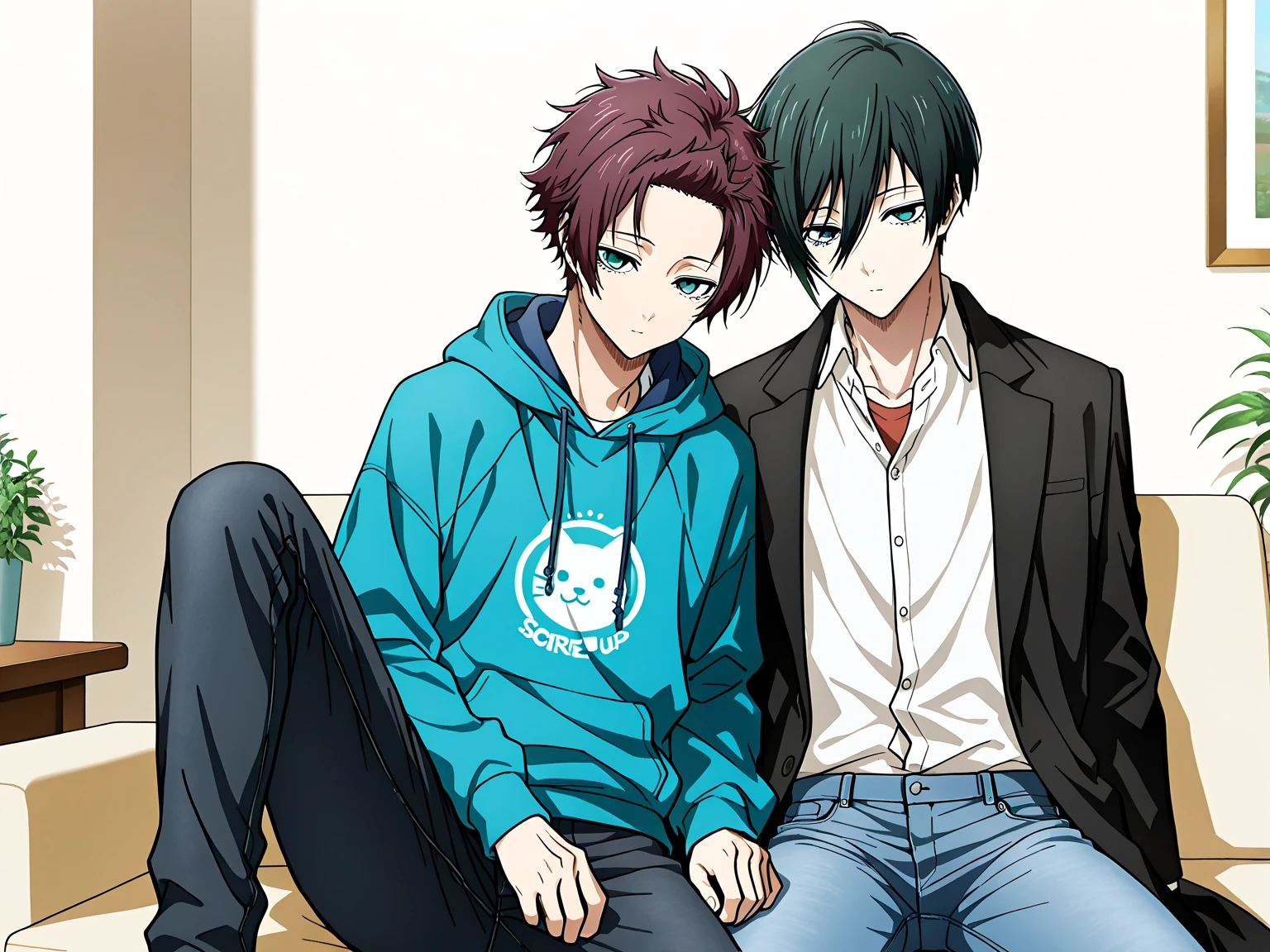 (masterpiece, best quality), amazing quality, very aesthetic, absurdres, highres, newest, HDR, 8K, extremely detailed face and eyes, duo focus, yaoi couple, 2boy, teal eyes, underlashes, short hair, sexy men, handsome, Blue Lock, Itoshi Sae, magenta hair, white buttoned shirt, black long coat, jeans, Itoshi Rin, dark green hair, blue hoodie, pants, solo, modern_bg, cozy, living room, sitting on couch, table