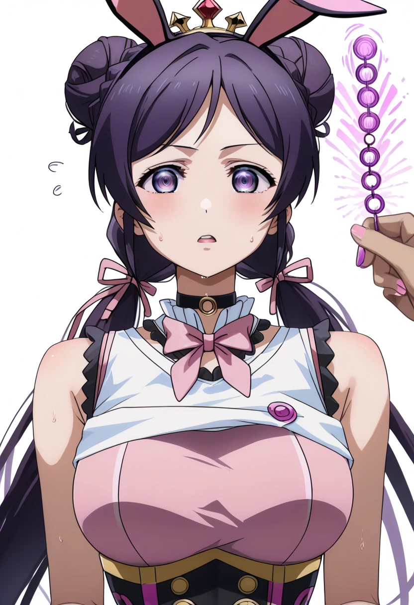  One girl ,@ @,Nozomi Tojo,Bare arms, black choker , low twin-tail ,coin, Crown Blade,double bun ,tooth,Hair Bun,hypnotism, Big Breasts ,  self lift, long hair, mind control ,  open mouse, PURPLE HAIR,pink nails, pink tie, purple eyes,side lock, sleeveless shirt for right arm ,sweat, Underbob , upper body,White background, white shirt, bunny girl