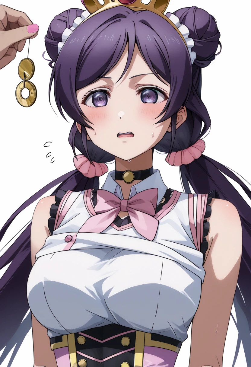  One girl ,@ @,Nozomi Tojo,Bare arms, black choker , low twin-tail ,coin, Crown Blade,double bun ,tooth,Hair Bun,hypnotism, Big Breasts ,  self lift, long hair, mind control ,  open mouse, PURPLE HAIR,pink nails, pink tie, purple eyes,side lock, sleeveless shirt for right arm ,sweat, Underbob , upper body,White background, white shirt, bunny girl