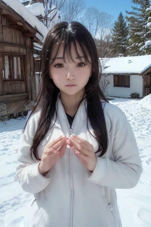 ((sfw: 1.4)), (sfw, birches with snow, old house, sun in the background, 1 girl)), ultra high resolution, (realistic: 1.4), RAW photo, highest quality, (photorealistic stick), focus, soft light, (()), ((Japanese)), (((young face))), (surface), (depth of field), masterpiece, (photorealistic), woman , bangs, ((1 girl))