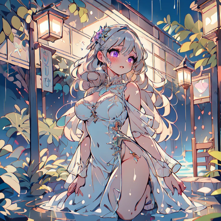 ((top quality)),(ultra high resolution),(Super detailed),(detailed description),((the most picturesque works of art),super precision art,amazing art of depiction,fantasy art:1.5, ((綺麗なflower々:1.3)), (glamorous body:1.5),fancy background effects、masterpiece、fancy details、(NSFW 1.1), ((1 female)), ((muste piece)), ((extremely detailed:1.3)), ((Beautiful woman entering the lake in crystal clear water)), ((beautiful long hair)), wet hair, wearing a transparent dress, Bathing clothed, (水に浮かぶバラのflowerびら:1.5), (early morning light), ivory gold AI, temple, crepuscular lighting, (very huge )、pink nipples、pink areola，Transparent pink areola、((Transparent pure white wedding dress that shows your skin、Detailed design))、Arranged,intimate, rose garden、colorful roses、lake with floating roses、wet body、(頭にflowerの装飾)、大きなflowerいっぱい、solo, water play, flowerいっぱいの髪飾り, flower々, sky porn,Pure white dress that becomes transparent when wet, shines wet with water、(muste piece),(Highly detailed CG Unity 8K wallpaper),best quality,cinematic lighting,detailed background,beautiful detailed eyes,bright pupils, (very delicate and beautiful),(Beautiful and detailed eyes),((muste piece)),(Purple eyes)