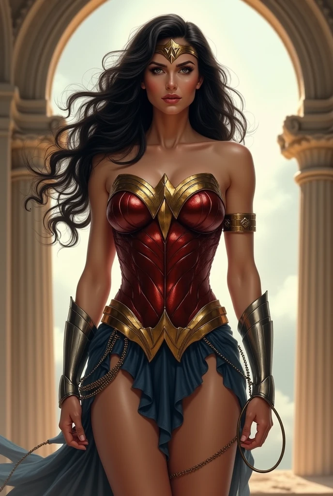 create gal gadot with long hair at hip height, full body photo of the world's most beautiful artwork with a beautiful woman dressed in an intricate outfit on the man on fire in the desert, iridecent, trend in ArtStation, CGSociety, Intricate, High Detail, Sharp focus, dramatic, photorealistic painting art by greg Rutkowski