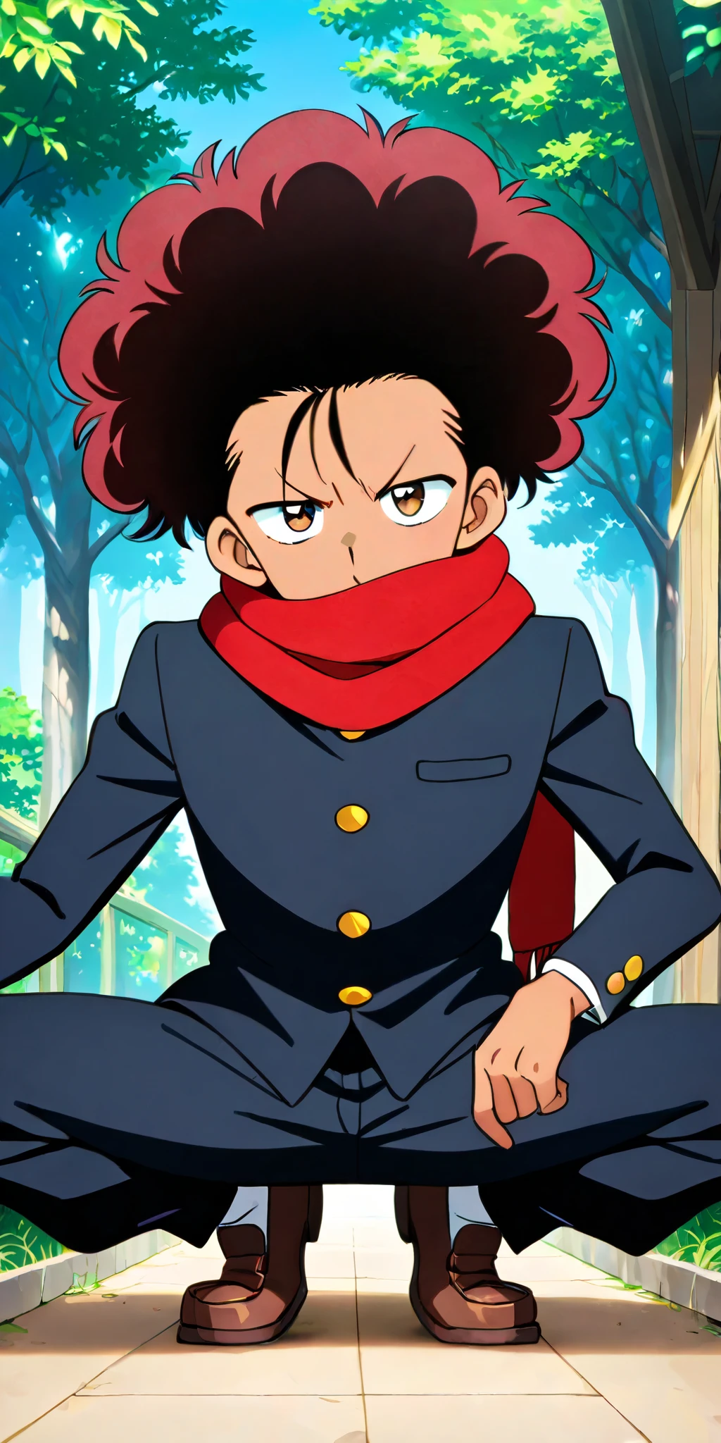 African Man drawn in 80’s anime art style. 
Retro anime. Vintage Anime. Classical Anime. 
Black HAIR
(Spikey Afro)
(Red Hair Scarf)
(Round and Circle eyes)
(Light Brown eyes)
(Medium Sized Arched Eyebrows)
(Dark Brown Skin Tone/Complexion)
(Medium Muscle Build)
Serious

He is wearing a gakuran (Japanese School uniform), also called the (tsume-eri). Gakuran is a common japanese style of school uniform worn by men, traditionally by high school male students in Japan.

(uniform is black)

The Gakuran top is a long-sleeved black shirt with a round or stand-up collar that buttons up and down.
The top of the Gakuran has a standing collar buttoning down from top-to-bottom.

Buttons are Gold.
(Shirt is Black)

Pants are straight leg.
(Pants are Black)

Males usually wear penny loafers or sneakers with this uniform.

He is visiting a High School.

(Solo)