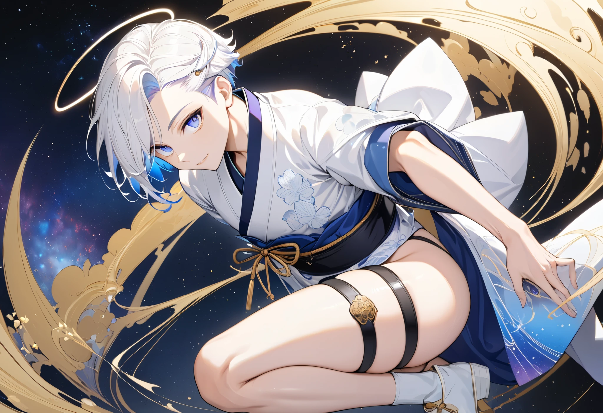 Fresh illustration,
Ultra-fine drawing,
Very delicate illustration,
Very fine details,
One boy,
Full body,
Height 158cm,
Fair skin,
Right eye is purple,
Left eye is blue,
Odd eyes,
Heterochromie iris,
Beautiful eyes,
Large black pupils,
Cleanly cut hairstyle,
Slicked back hairstyle,
Short hair,
Shiny hair,
Blue roots and white hair elsewhere,
Hair with a gradient,
Cute face,
Pretty face,
Shiny halo on the back of the head,
Raised eyebrows,
Upper body in kimono,
Upper body in traditional Japanese clothing,
Masculine build,
Six pack,
Very small breasts,
No breasts,
Lower body in Chinese dress,
Black obi,
Overall white clothes,
Tasteful embroidery with gold thread,
Clothes with a high-quality texture,
Jock straps,
Thigh straps,
Thigh straps digging into skin,
White long boots,
Japanese style toes,
Five fingers on hands and feet,
Thin waist,
Thin legs,
Isometric,
Golden ratio,
Divine atmosphere,
Wearing an indigo-colored stand-up collared inner,
Outer space,
Galaxy,
Countless small stars,
Tactical use of shadows,
Free pose,
Sexy pose,
Exposing skin,
Erotic pose,
Adult pose,
Lewd appearance,
Looking at camera,
Buttocks facing camera,
Pervert,
See-through clothes,