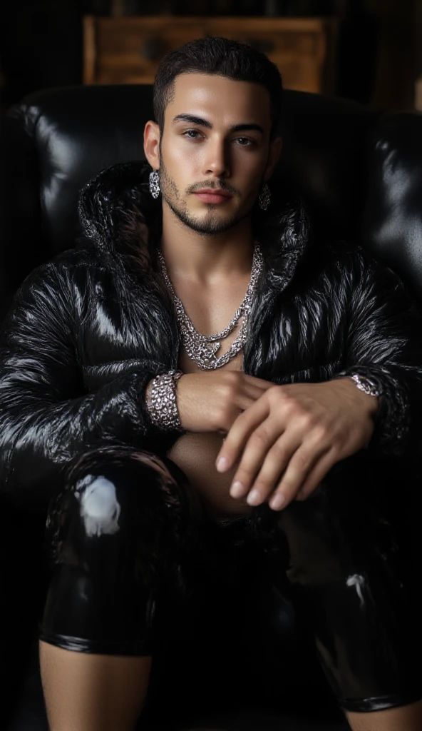 Portrait, close up, macro close up, (selfie), medium body, Cinematic Instagram Shot Photographic, high-resolution, 35mm, young of white skin British Muscled boy, 18yo, silver dyamonds earrings, big silver dyamonts cuban chain around neck, wearing a very very shiny voluminous black puffer jacket and tight muscled elastic black latex leggings, sitting on huge inflated sofa in black leather, slight grain to give it a realistic, depth of field shallow to keep the focus on the subject. best quality, 8K, high resolution, masterpiece, HD, perfect proportions, perfect hands.More Detail,man
