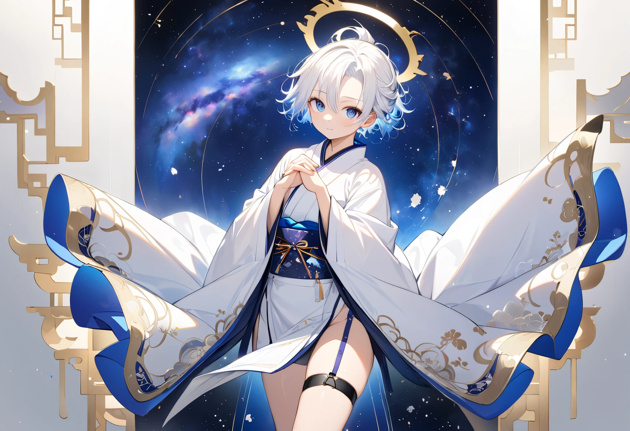 Fresh illustration,
Ultra-fine drawing,
Very delicate illustration,
Very fine details,
One boy,
Full body,
Height 158cm,
Fair skin,
Right eye is purple,
Left eye is blue,
Odd eyes,
Heterochromie iris,
Beautiful eyes,
Large black pupils,
Cleanly cut hairstyle,
Slicked back hairstyle,
Short hair,
Shiny hair,
Blue roots and white hair elsewhere,
Hair with a gradient,
Cute face,
Pretty face,
Shiny halo on the back of the head,
Raised eyebrows,
Upper body in kimono,
Upper body in traditional Japanese clothing,
Masculine build,
Six pack,
Very small breasts,
No breasts,
Lower body in Chinese dress,
Black obi,
Overall white clothes,
Tasteful embroidery with gold thread,
Clothes with a high-quality texture,
Jock straps,
Thigh straps,
Thigh straps digging into skin,
White long boots,
Japanese style toes,
Five fingers on hands and feet,
Thin waist,
Thin legs,
Isometric,
Golden ratio,
Divine atmosphere,
Wearing an indigo-colored stand-up collared inner,
Outer space,
Galaxy,
Countless small stars,
Tactical use of shadows,
Free pose,
Sexy pose,
Exposing skin,
Erotic pose,
Adult pose,
Lewd appearance,
Looking at camera,
Buttocks facing camera,
Pervert,
See-through clothes,