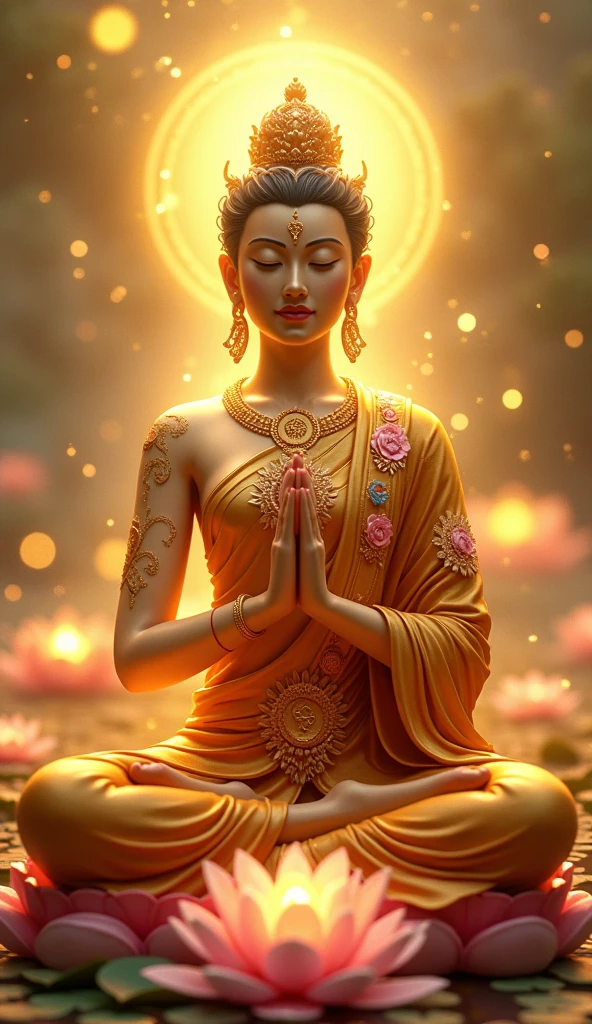 (Masterpiece:1.2),best quality,Pixieve,Taoist ascetic,(meditation:1.1),
alone,A character standing in front of a glowing blonde Buddha statue.,transparent,realistic,Skin texture