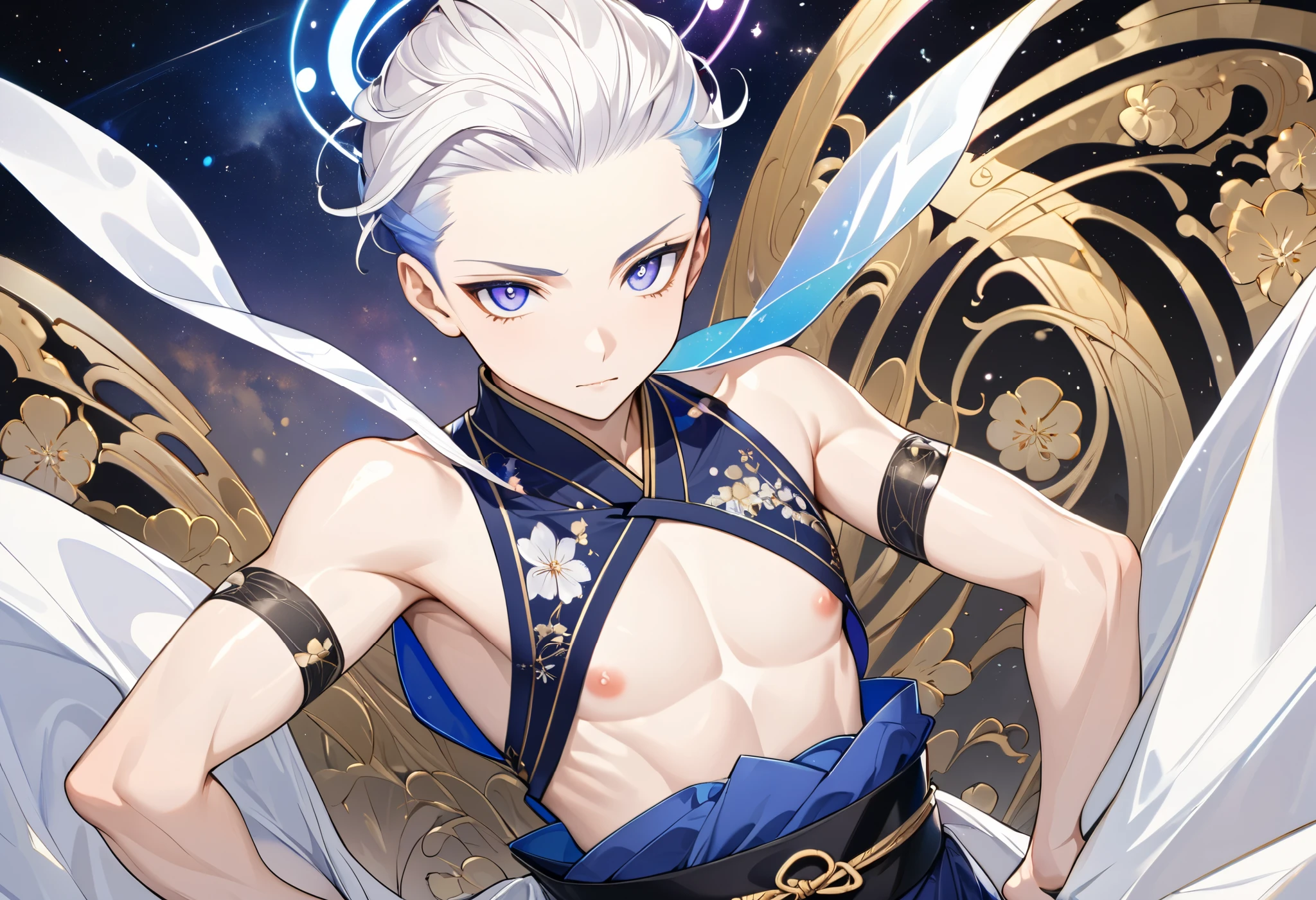 Fresh illustration,
Ultra-fine drawing,
Very delicate illustration,
Very fine details,
One boy,
Full body,
Height 158cm,
Fair skin,
Right eye is purple,
Left eye is blue,
Odd eyes,
Heterochromie iris,
Beautiful eyes,
Large black pupils,
Cleanly cut hairstyle,
Slicked back hairstyle,
Short hair,
Shiny hair,
Blue roots and white hair elsewhere,
Hair with a gradient,
Cute face,
Pretty face,
Shiny halo on the back of the head,
Raised eyebrows,
Upper body in kimono,
Upper body in traditional Japanese clothing,
Masculine build,
Six pack,
Very small breasts,
No breasts,
Lower body in Chinese dress,
Black obi,
Overall white clothes,
Tasteful embroidery with gold thread,
Clothes with a high-quality texture,
Jock straps,
Thigh straps,
Thigh straps digging into skin,
White long boots,
Japanese style toes,
Five fingers on hands and feet,
Thin waist,
Thin legs,
Isometric,
Golden ratio,
Divine atmosphere,
Wearing an indigo-colored stand-up collared inner,
Outer space,
Galaxy,
Countless small stars,
Tactical use of shadows,
Free pose,
Sexy pose,
Exposing skin,
Erotic pose,
Adult pose,
Lewd appearance,
Looking at camera,
Buttocks facing camera,
Pervert,
See-through clothes,