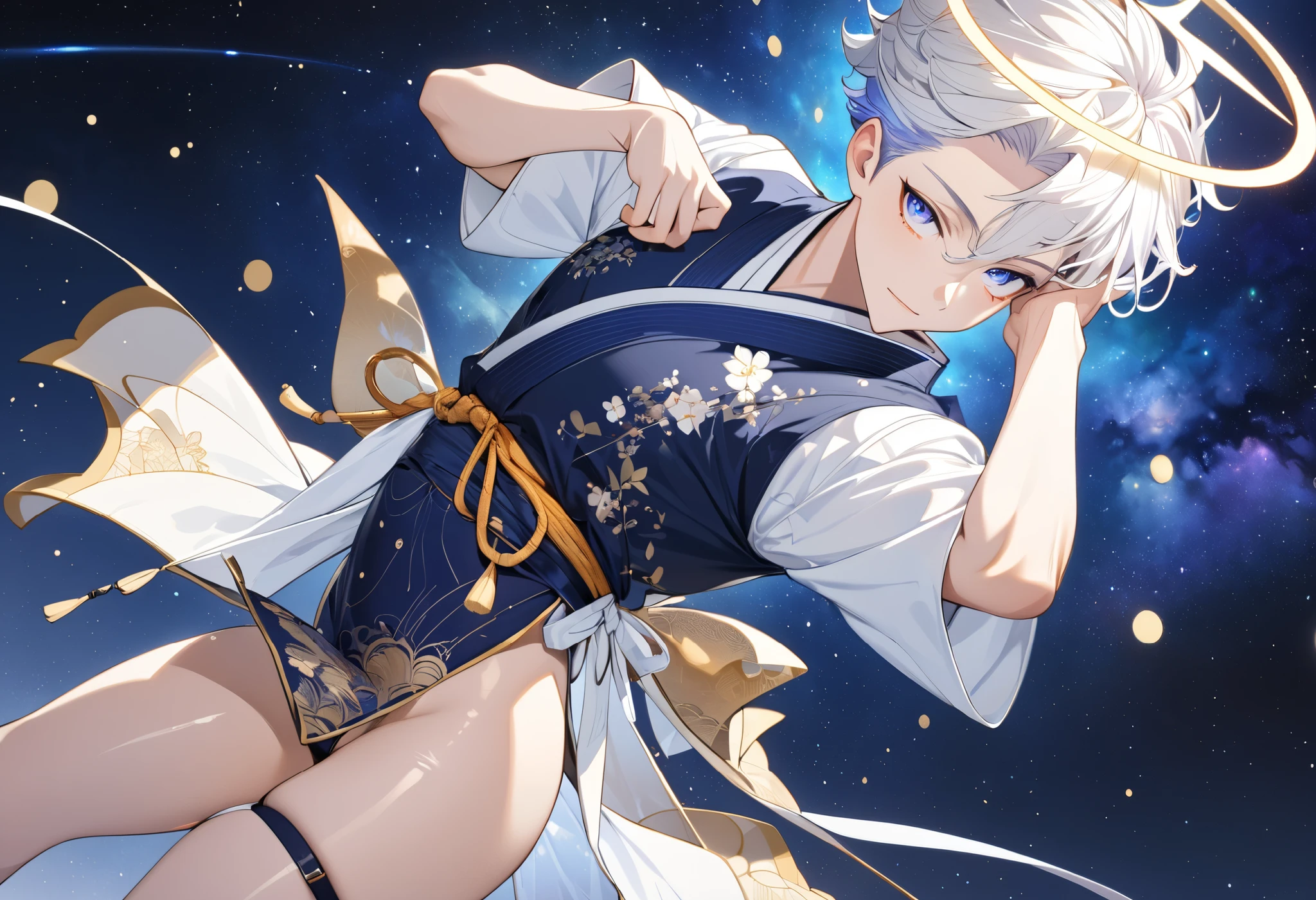 Fresh illustration,
Ultra-fine drawing,
Very delicate illustration,
Very fine details,
One boy,
Full body,
Height 158cm,
Fair skin,
Right eye is purple,
Left eye is blue,
Odd eyes,
Heterochromie iris,
Beautiful eyes,
Large black pupils,
Cleanly cut hairstyle,
Slicked back hairstyle,
Short hair,
Shiny hair,
Blue roots and white hair elsewhere,
Hair with a gradient,
Cute face,
Pretty face,
Shiny halo on the back of the head,
Raised eyebrows,
Upper body in kimono,
Upper body in traditional Japanese clothing,
Masculine build,
Six pack,
Very small breasts,
No breasts,
Lower body in Chinese dress,
Black obi,
Overall white clothes,
Tasteful embroidery with gold thread,
Clothes with a high-quality texture,
Jock straps,
Thigh straps,
Thigh straps digging into skin,
White long boots,
Japanese style toes,
Five fingers on hands and feet,
Thin waist,
Thin legs,
Isometric,
Golden ratio,
Divine atmosphere,
Wearing an indigo-colored stand-up collared inner,
Outer space,
Galaxy,
Countless small stars,
Tactical use of shadows,
Free pose,
Sexy pose,
Exposing skin,
Erotic pose,
Adult pose,
Lewd appearance,
Looking at camera,
Buttocks facing camera,
Pervert,
See-through clothes,