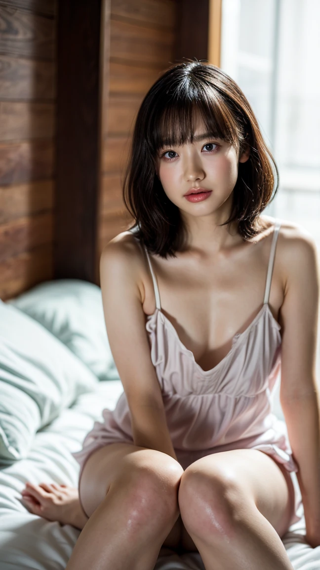 ((highest quality, 8k, masterpiece: 1.3)), Perfect body beauty: 1.4, (Highlight Haircut, Breast A cup:1.2), Small breasts, Round shaped breasts, Perfectly shaped breasts, Simple Necklace, Highly detailed face, Beautiful woman, (Dark brown shortcuts), Slim face, Highly detailed face and skin texture, Highly detailed lips, Spread your legs, highest quality, masterpiece, 超A high resolution, (Realistic:1.4), Open your arms, Long Shot,
((Beautiful female announcer:1.2)),
((Large T-shirt:1.5)),
((Short white hot pants, Too much exposed skin, I can see your beautiful thighs:1.2)),
((Gorgeous Earrings, Silver Necklace)),
((Luxury Resort Hotel, Bright room, White wall, Foliage plant:1.2)),
((Open the glass window, Lying on your back on a white bed, Sleep with your head on the pillow:1.2)),
((Sexy atmosphere, Gaze seducing a man, hold out your lips:1.2)),
((Touching lips with fingers, Lift your hips, Focus on the inner thighs:1.2)),
((Lift your face a little)),
((Squint your eyes)),
((Pursing your lips:1.2)),
((Blushing:1.2)),
((open your mouth slightly to show your white teeth,, stick out your tongue a little)),
((Body facing forward)),
((The cleavage is fluffy)),
((Flat Chest, Beautiful breasts)),
Realistic skin texture, Fair skin, Shiny skin, Beautiful skin on legs, Beautiful legs,
Highly detailed face, Slim face contour, Beautiful small face, Beautiful Nose,
Very fine eye, Long, narrow eyes, Brown eyes, double eyelid, Extremely fine eyebrows, thin, Long eyelashes,
Ultra-detailed lips, Plump and moisturized lips, Glossy pink lips, Blushed,
Beautiful actress'Dull makeup, Pink lipstick, smokey eye shadow, Eye Foundation,
Dark brown hair, Delicate and soft hair, Hair blowing in the wind,
(Elegantly putting your hair up, Medium Short Hair, ponytail:1.2),
Layered Cut, (Blunt bangs:1.2),
mouth half open, Dreamy look, ((Staring at the audience)),
(((Photorealism,Shooting the whole body from the thighs:1.2))), ((Body facing sideways)),
Dynamic Lighting,