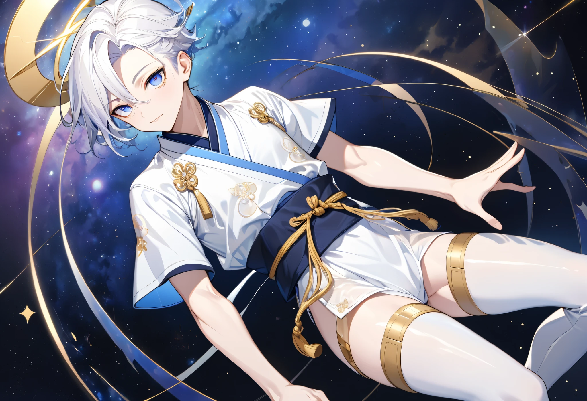 Fresh illustration,
Ultra-fine drawing,
Very delicate illustration,
Very fine details,
One boy,
Full body,
Height 158cm,
Fair skin,
Right eye is purple,
Left eye is blue,
Odd eyes,
Heterochromie iris,
Beautiful eyes,
Large black pupils,
Cleanly cut hairstyle,
Slicked back hairstyle,
Short hair,
Shiny hair,
Blue roots and white hair elsewhere,
Hair with a gradient,
Cute face,
Pretty face,
Shiny halo on the back of the head,
Raised eyebrows,
Upper body in kimono,
Upper body in traditional Japanese clothing,
Masculine build,
Six pack,
Very small breasts,
No breasts,
Lower body in Chinese dress,
Black obi,
Overall white clothes,
Tasteful embroidery with gold thread,
Clothes with a high-quality texture,
Jock straps,
Thigh straps,
Thigh straps digging into skin,
White long boots,
Japanese style toes,
Five fingers on hands and feet,
Thin waist,
Thin legs,
Isometric,
Golden ratio,
Divine atmosphere,
Wearing an indigo-colored stand-up collared inner,
Outer space,
Galaxy,
Countless small stars,
Tactical use of shadows,
Free pose,
Sexy pose,
Exposing skin,
Erotic pose,
Adult pose,
Lewd appearance,
Looking at camera,
Buttocks facing camera,
Pervert,
See-through clothes,