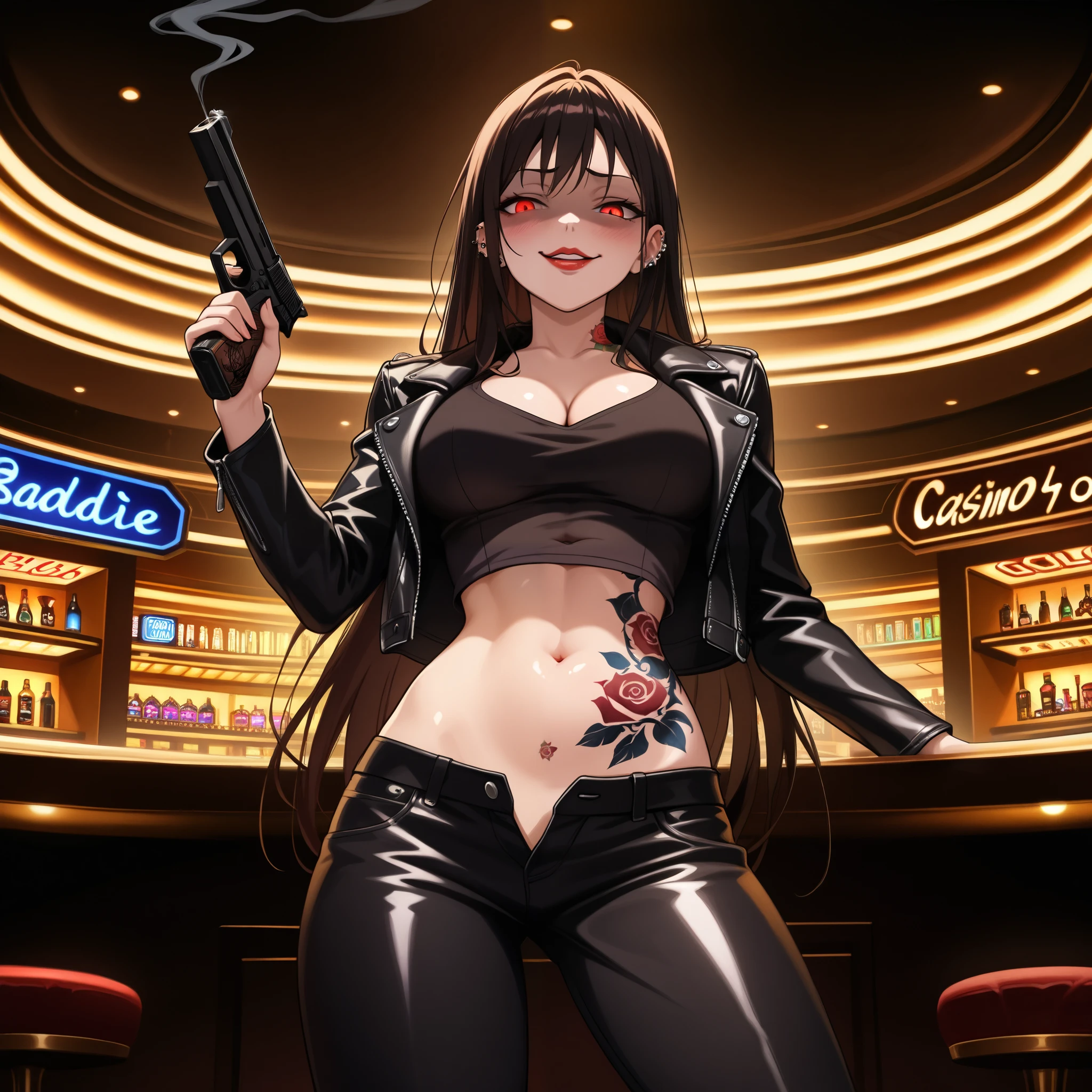 looking at viewer,evil smile,shaded_face,parted lips,looking down,
2girl, two girls,
, ear piercing, long hair, blush, lipstick,Hot girl, baddie, smoking, sensual, attractive ,bar
background, inside bar,indoors, cityscape, casino, nightclub, city lights, masterpiece, best quality, highly detailed, a girls with a gun, evil smile , open mouth, sexy gaze, badass pose , evil smile, smile, (nsfw) not safe for work, guns blazing, anime girl with long hair, beautiful long haired girl, navel, evil expression, exposed belly, exposed navel, exposed midriff, exposed lower belly, long black pants, crop top, cleavage, unbuttoned leather pants ,open fly, low rise black leather pants, leather jacket, holding a gun, holding pistol, , cleavage, unbuttoned shirt,shirt, knot,, dragon tattoo , tattoo midriff, rose tattoo, shiny skin, 