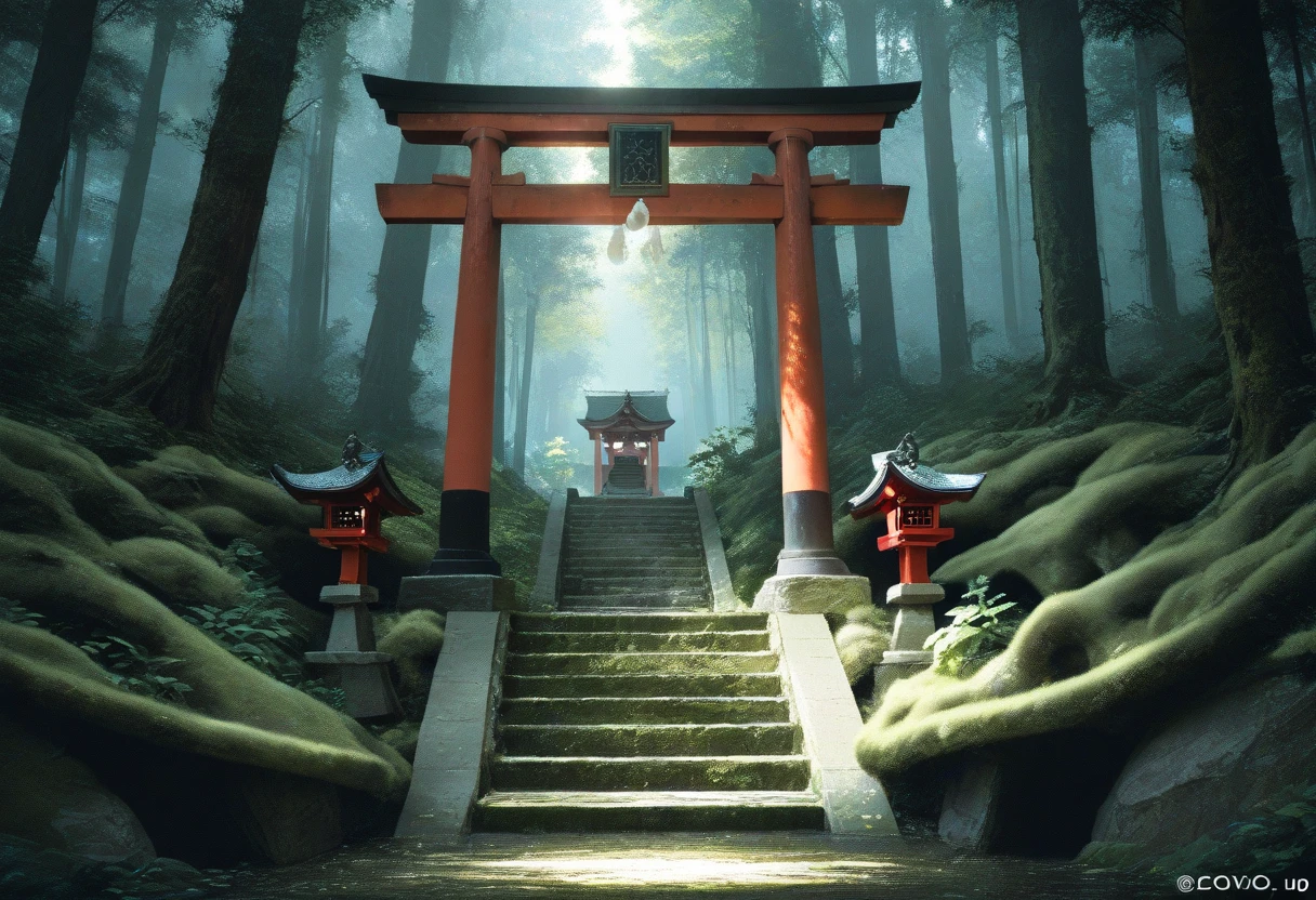 A tranquil scene inspired by Japan's Heisenji Hakusan Shrine, which features a red torii gate nestled quietly in a moss-covered forest. The stone steps leading to the shrine are covered in green moss, surrounded by tall trees, and the soft sunlight filtering through the trees. A slight mist drifts in the air, creating a fantastical atmosphere. A glimpse of an ancient wooden shrine can be seen in the background, evoking a sense of sacred tranquility and timelessness.