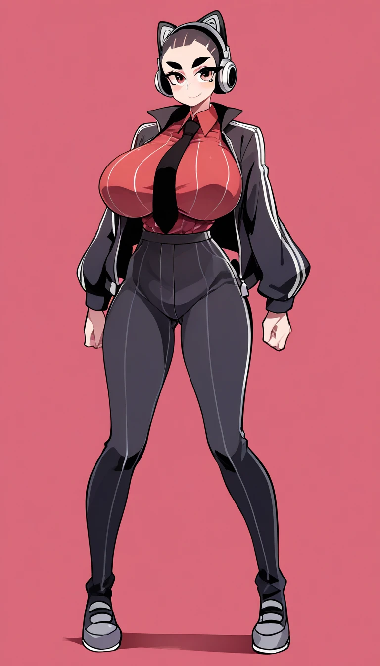 score_9, score_8_up, score_7_up, score_6_up, score_5_up, score_4_up, (source_anime), huge breasts, (1girl),(masterpiece, best quality, ultra-detailed, super high resolution), anime style, 1girl, custom-made wine-colored long sleeve gabardine shirt with no visible buttons, black striped fitted dress pants, sleek and form-fitting, large headphones on head, simple dynamic pose, confident stance, minimalistic background, full-body view, smooth shading, clean lines, vibrant colors, cinematic lighting, Speaker Woman, humanoid female with a large red speaker for a head, sleek black pinstripe suit, fitted jacket with a tie, long sleeves, form-fitting pants, confident and assertive pose, black gloves, glowing red, vibrant red background, siple lighting, dynamic composition, smooth shading, clean lines, clear focus, full-body view, real human body, robot_head_speaker_woman, robot_head, Black full body suit elegant with stripes with, Red shirt underneath, normal breast,