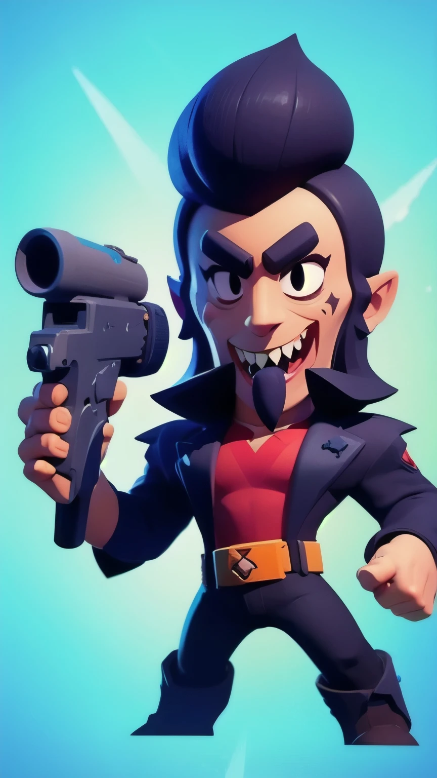 a close up of a person holding a gun and a flashlight, ((wearing a Dracula costume)) , brawl stars, splash art brawlstars, epic art style, blaster fire bright as neon, game character, in game style 8k, merged character, fortnite art style, stylized character, holding a blaster, slick clammy skin, clash royal style characters, mobile game style, new character