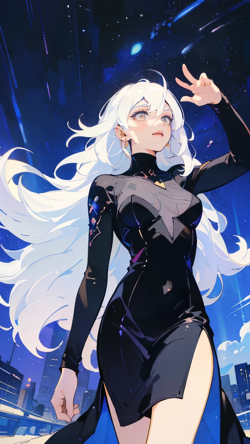 (masterpiece:1.2),8k, beautiful, high quality,

(Flat Illustration Art:1.2), (poster art:1.2),

Cute tanned girl, ((MEGUMI)), ((I'm looking at the sky)),

 (white hair:1.9), 
(makeup lipstick eyeliner mascara eyeshadow:1.1) dark skin, Mole under the eye, Rings, Necklaces, (shaking breasts:1.5), (black long dress:1.5), Neon City, Post-apocalyptic Art, Androgynous, mixed media, Black Legwear, Black Space Art, Analog Horror,Nightmare Fuel, seductively beautiful, Beautiful and Evil, (full-length photograph:1.2)、Angle from below, ((Look up at the distant starry sky:1.5)), 