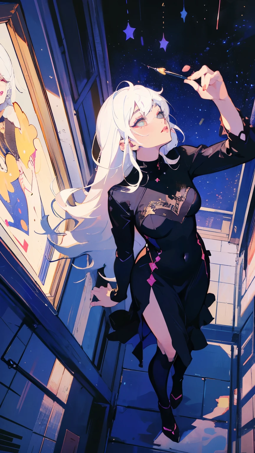 (masterpiece:1.2),8k, beautiful, high quality,

(Flat Illustration Art:1.2), (poster art:1.2),

Cute tanned girl, ((MEGUMI)), ((I'm looking at the sky)),

 (white hair:1.9), 
(makeup lipstick eyeliner mascara eyeshadow:1.1) dark skin, Mole under the eye, Rings, Necklaces, (shaking breasts:1.5), (black long dress:1.5), Neon City, Post-apocalyptic Art, Androgynous, mixed media, Black Legwear, Black Space Art, Analog Horror,Nightmare Fuel, seductively beautiful, Beautiful and Evil, (full-length photograph:1.2)、Angle from below, ((Look up at the distant starry sky:1.5)), 