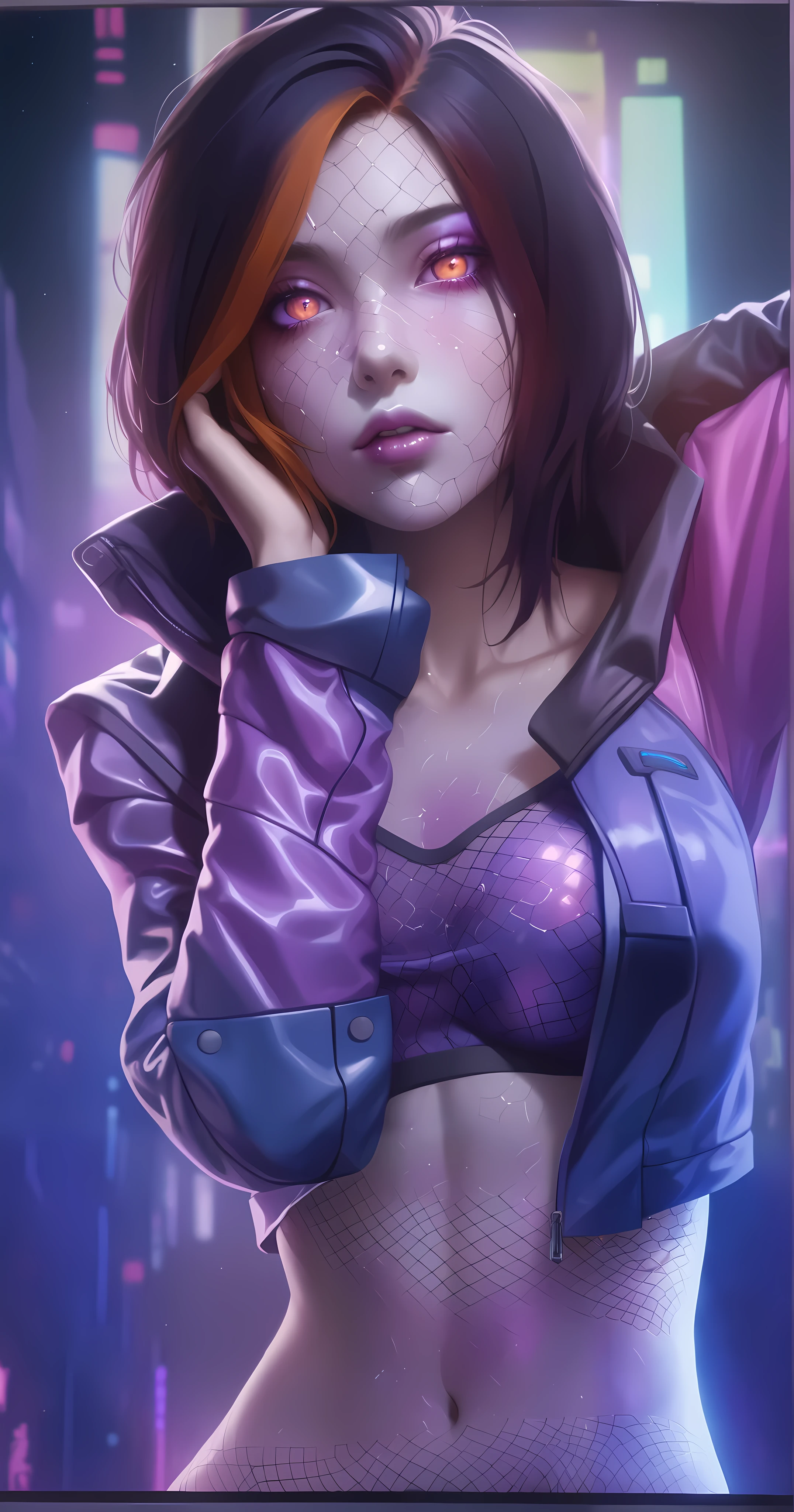 realism, masterpiece, best quality, amazing quality, very aesthetically pleasing, absurd, state-of-the-art) , official style, stoic expression, a girl in a cyberpunk jacket, pink lighting on her skin, tight-fitting holographic blouse under her jacket, elbow covering her chest, pink skin , skin covered with mesh, purple skin, orange eyes, iron elements on the face, narrow eyes, mesh on the stomach