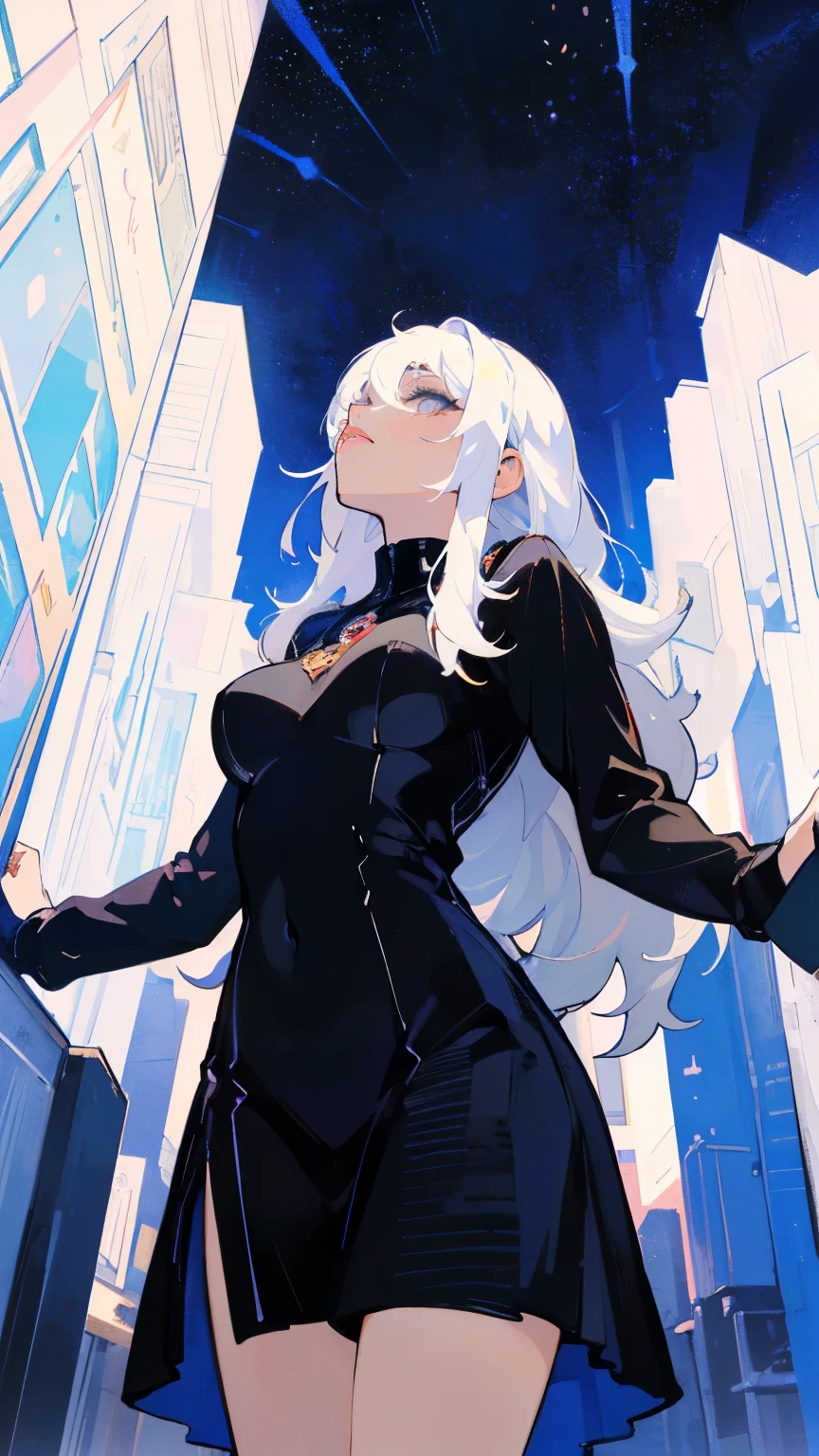 (masterpiece:1.2),8k, beautiful, high quality,

(Flat Illustration Art:1.2), (poster art:1.2),

Cute tanned girl, ((MEGUMI)), ((I'm looking at the sky)),

 (white hair:1.9), 
(makeup lipstick eyeliner mascara eyeshadow:1.1) dark skin, Mole under the eye, Rings, Necklaces, (shaking breasts:1.5), (black long dress:1.5), (Neon City), Post-apocalyptic Art, Androgynous, mixed media, Black Legwear, Black Space Art, Analog Horror,Nightmare Fuel, seductively beautiful, Beautiful and Evil, (full-length photograph:1.2)、Angle from below, ((Look up at the distant starry sky:1.5)), 