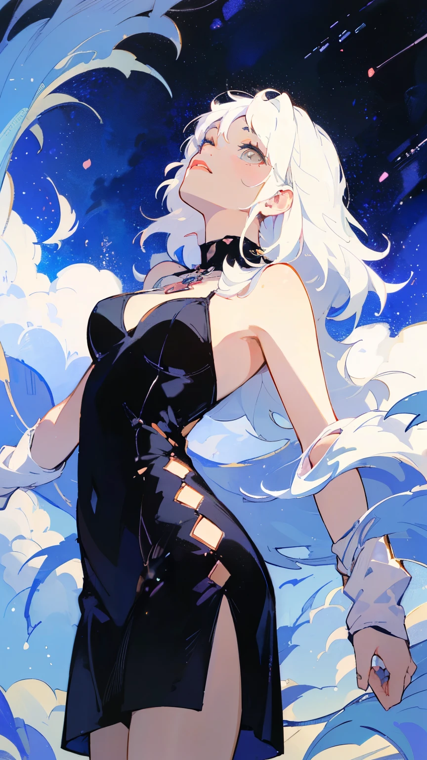 (masterpiece:1.2),8k, beautiful, high quality,
(Flat Illustration Art:1.2), (poster art:1.2),
Cute tanned girl, ((MEGUMI)), ((I'm looking at the sky)),
(white hair:1.9),
(makeup lipstick eyeliner mascara eyeshadow:1.1) dark skin, Mole under the eye, Rings, Necklaces, (shaking breasts:1.5), (black long dress:1.5), (Neon City), Post-apocalyptic Art, Androgynous, mixed media, Black Legwear, Black Space Art, Analog Horror,Nightmare Fuel, seductively beautiful, Beautiful and Evil, (full-length photograph:1.2)、Angle from below, ((Look up at the distant starry sky:1.5)),