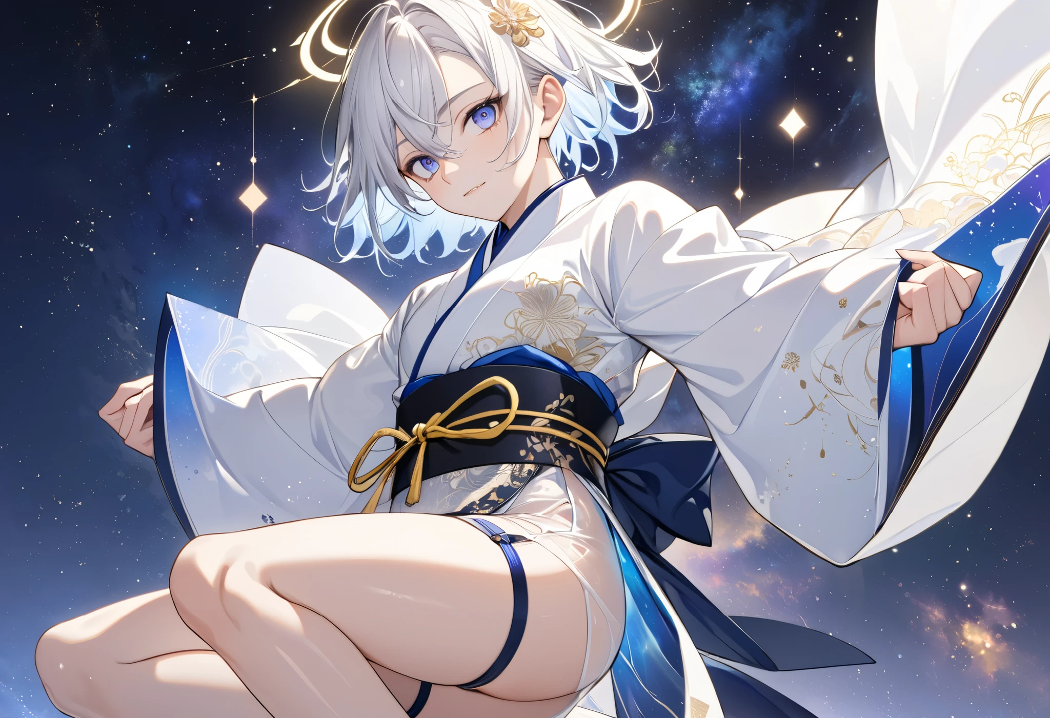 Fresh illustration,
Ultra-fine drawing,
Very delicate illustration,
Very fine details,
One boy,
Full body,
Height 158cm,
Fair skin,
Right eye is purple,
Left eye is blue,
Odd eyes,
Heterochromie iris,
Beautiful eyes,
Large black pupils,
Cleanly cut hairstyle,
Slicked back hairstyle,
Short hair,
Shiny hair,
Blue roots and white hair elsewhere,
Hair with a gradient,
Cute face,
Pretty face,
Shiny halo on the back of the head,
Raised eyebrows,
Upper body in kimono,
Upper body in traditional Japanese clothing,
Masculine build,
Six pack,
Very small breasts,
No breasts,
Lower body in Chinese dress,
Black obi,
Overall white clothes,
Tasteful embroidery with gold thread,
Clothes with a high-quality texture,
Jock straps,
Thigh straps,
Thigh straps digging into skin,
White long boots,
Japanese style toes,
Five fingers on hands and feet,
Thin waist,
Thin legs,
Isometric,
Golden ratio,
Divine atmosphere,
Wearing an indigo-colored stand-up collared inner,
Outer space,
Galaxy,
Countless small stars,
Tactical use of shadows,
Free pose,
Sexy pose,
Exposing skin,
Erotic pose,
Adult pose,
Lewd appearance,
Looking at camera,
Buttocks facing camera,
Pervert,
See-through clothes,