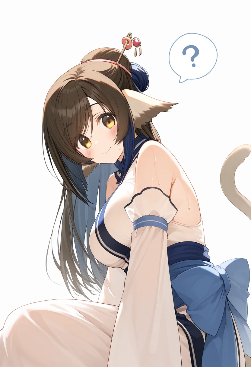 kuon_(utawarerumono), 1girl, long hair, animal ears, blue hair, breasts, yellow eyes, bare shoulders, blush, single hair bun, cat tail, brown eyes, medium breasts, cat ears, hair bun,, large breasts, hair ornament, hair stick, spoken question mark, hairpin, detached sleeves, sleeveless, looking at viewer,  solo, tail, white background, simple background, ?, smile, closed mouth,Lie on your back, covered in sweat