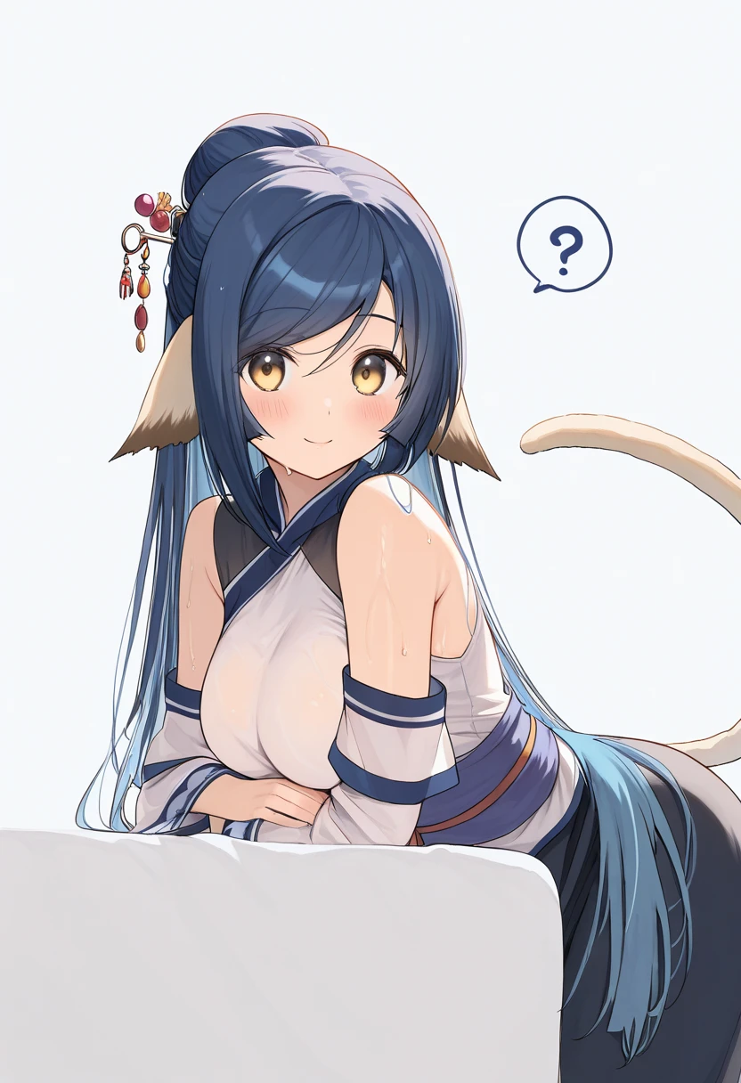 kuon_(utawarerumono), 1girl, long hair, animal ears, blue hair, breasts, yellow eyes, bare shoulders, blush, single hair bun, cat tail, brown eyes, medium breasts, cat ears, hair bun,, large breasts, hair ornament, hair stick, spoken question mark, hairpin, detached sleeves, sleeveless, looking at viewer,  solo, tail, white background, simple background, ?, smile, closed mouth,Lie on your back, covered in sweat