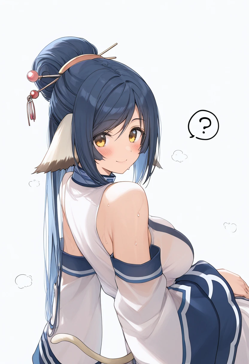 kuon_(utawarerumono), 1girl, long hair, animal ears, blue hair, breasts, yellow eyes, bare shoulders, blush, single hair bun, cat tail, brown eyes, medium breasts, cat ears, hair bun,, large breasts, hair ornament, hair stick, spoken question mark, hairpin, detached sleeves, sleeveless, looking at viewer,  solo, tail, white background, simple background, ?, smile, closed mouth,Lie on your back, covered in sweat