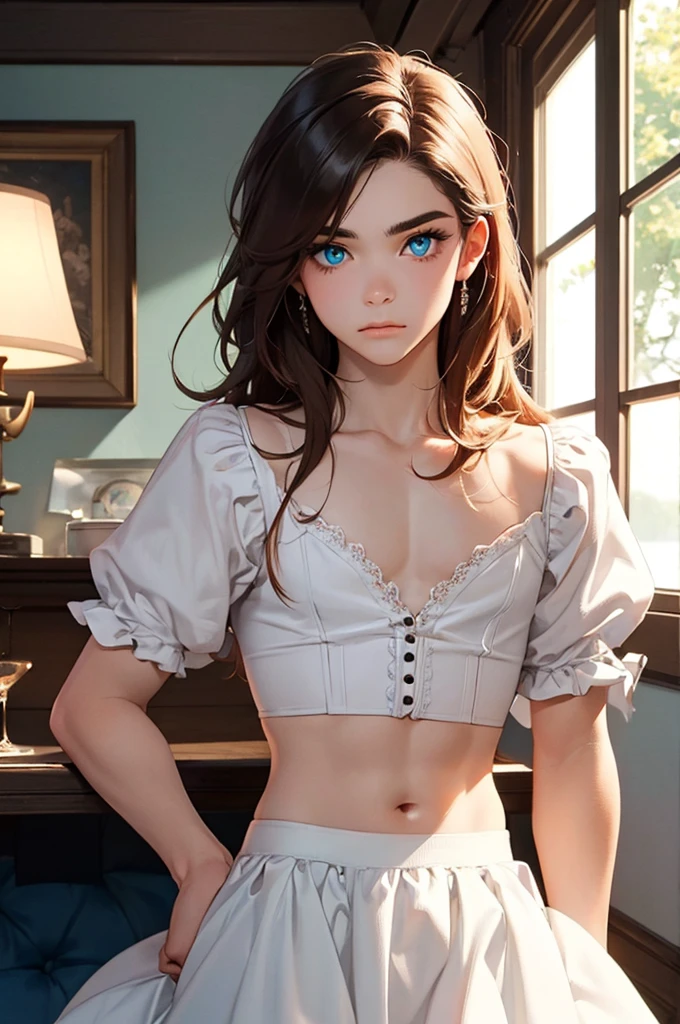 ((masterpiece)),((best quality)),((High detail)),((Realistic,)), 1 1 girl, stylish makeup, brown hair, seductive eyes, bright lips, sexy pose, (beautiful detailed face: 1.0), smiling, feminine approach, naked, lace bra, (sheer bra), medium breasts, (perfect body), erect nipples, bare abdomen, white panties, standing, front view, full body, room,