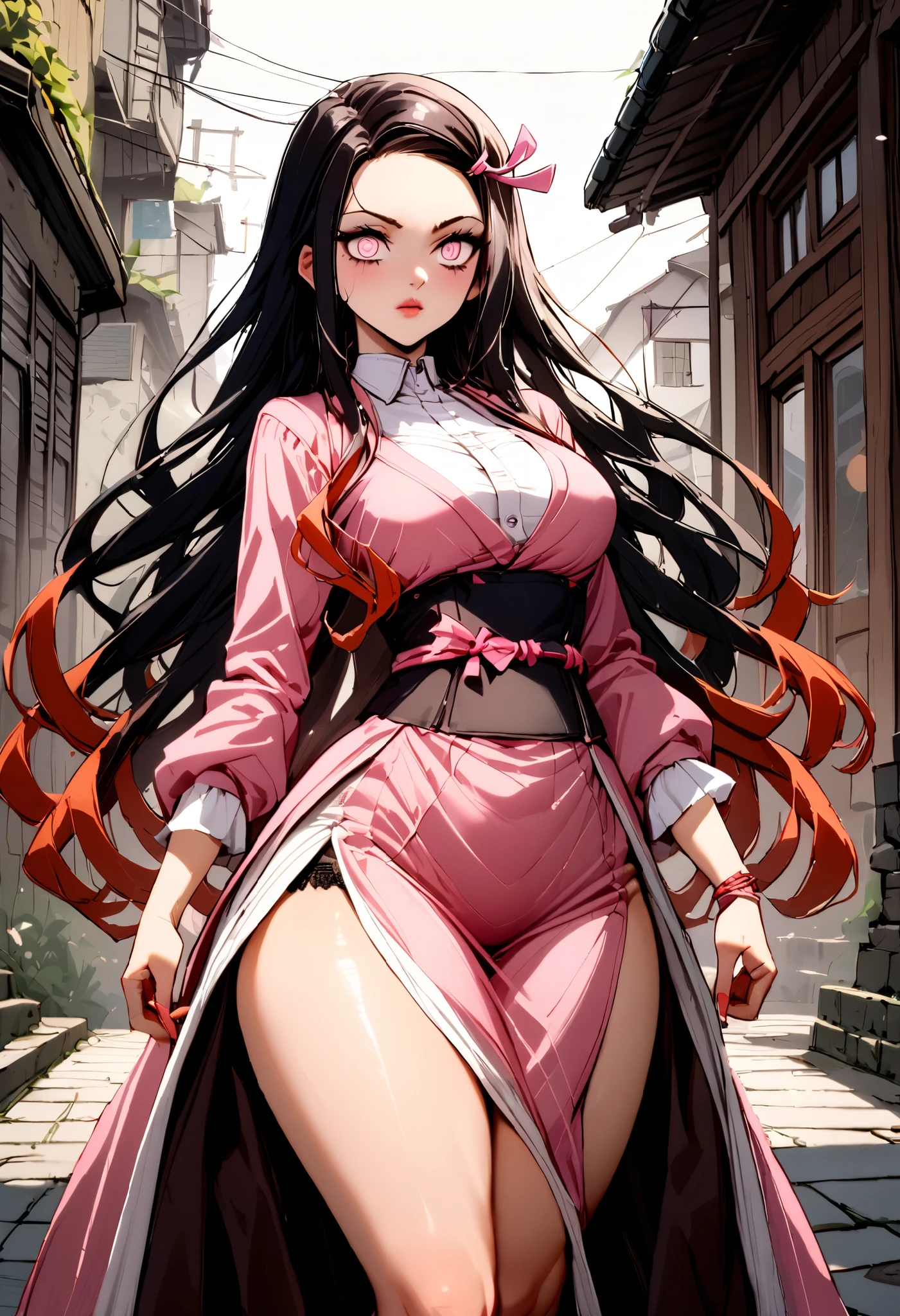 (ultra quality),((work of art)), Nezuko Kamado, (expressão facial sexly), (glare eyes),((sexly)),(witheout panties), (medium breasts), (Beautiful breasts), (ideal women&#39;s bodies), ((beautiful curves)),(wide hip), (nice legs),(pink dress clothes) close no rosto, photographic essay.