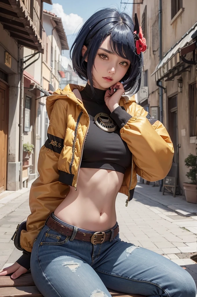 1girl, ((long sleeved puffer parka with gold trim, long dark blue jeans, gold belt)), ((midriff, navel)), looking at viewer, smile, mountains on background, garden, sit on stone, (cinematic lighting, best quality, masterpiece, high details, best quality, highres, HD, 4K, 8k, super detail), (kujou sara:1.3), mask on head, blue hair, short hair, yellow eyes