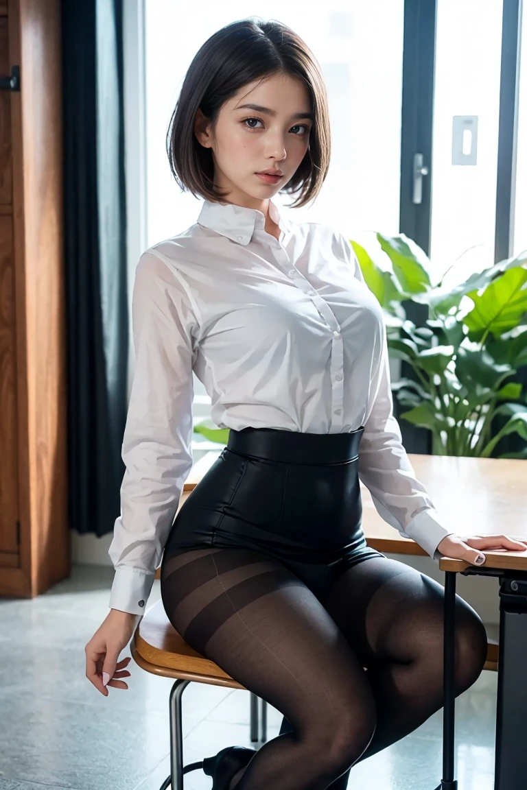 (8K, highest quality, masterpiece:1.2), (actual, realistic:1.37), Super detailed, 
1 girl,Lovely, alone,beautiful and detailed sky,Cafe details,sitting,obsolete,(smile:1.15),(please keep your mouth shut) small breasts,beautiful and delicate eyes,(collared shirt:1.1), white shirt, pleated skirt，black领，black，white lace, beautiful feet，(super realistic pantyhose:1.3), button suddenly opens
(Short hair details:1.2),flowing hair ,new frog style,,white skin,light,Bedroom，bedridden