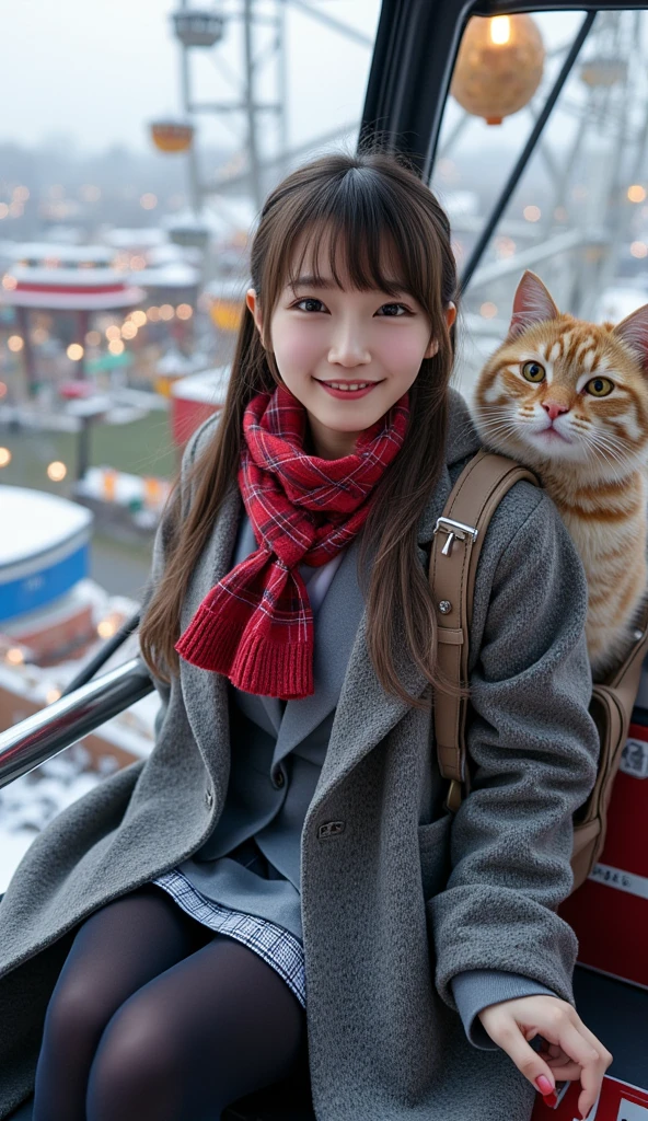 ultra-realistic, photorealistic, dramatic scene, shadow, global-illumination, solo, (teenage Japanese famous idol girl), very beautiful fragile Japanese girl, very beautiful with very cute but boyish cool face, (very large breasts), slim waist, (wearing a gray colored Japanese high school cute uniform of white shirt with blazer and skirt), (red ribbon), (stylish winter coat), (cute checked red woolen scarf), (glove), (She is wearing dark navy tights), (very large breasts), upper body shot, (The large fat cat is hiding in her backpack and peeks out of her backpack), (She is sitting in a gondola on a large Ferris wheel in the amusement park), with festive Christmas decoration, snow covered road, amazing view of the snow covered amusement park from above, A few autumn leaves can be seen among the leafless trees, she looks so happy, happy smile, professional lighting