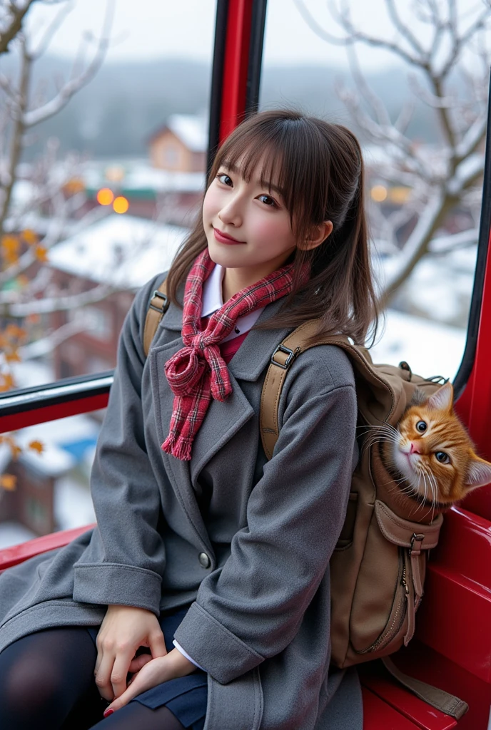 ultra-realistic, photorealistic, dramatic scene, shadow, global-illumination, solo, (teenage Japanese famous idol girl), very beautiful fragile Japanese girl, very beautiful with very cute but boyish cool face, (very large breasts), slim waist, (wearing a gray colored Japanese high school cute uniform of white shirt with blazer and skirt), (red ribbon), (stylish winter coat), (cute checked red woolen scarf), (glove), (She is wearing dark navy tights), (very large breasts), upper body shot, (The large fat cat is hiding in her backpack and peeks out of her backpack), (She is sitting in a gondola on a large Ferris wheel in the amusement park), with festive Christmas decoration, snow covered road, amazing view of the snow covered amusement park from above, A few autumn leaves can be seen among the leafless trees, she looks so happy, happy smile, professional lighting