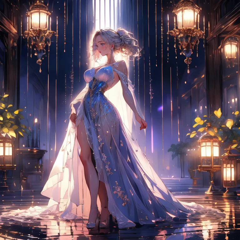 ((Best quality, 8k, Masterpiece :1.3)), full bodyesbian, Long legs, focal: 1.2, Beautiful Women in Perfect Figure:1.4, Slender abs:1.1, ((white color hair, huge tit:1.0)) , (White shirt in light fabric, Crying expression, standing on your feet:1.2), ((city night scene, terrazzo:1.3)), The facial and skin texture is very detailed, eye detailed, 二重まぶた,(NSFW:1.5) --auto