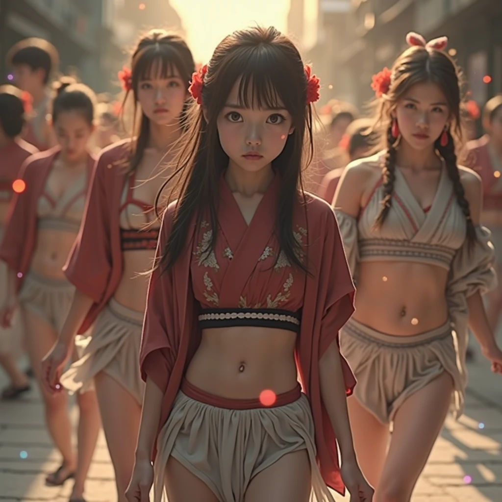(best quality,highres,masterpiece:1.25), { ultra-detailed | realistic | photorealistic | RAW | Physically-based rendering },((photo-realistic:1.45)), { Zoom Layer | White and vivid colors | Random hair color | Short Bob | hair flowing in the wind | Strong wind | Face focus | Ass focus | Detailed open crotch bloodstains }, { beautiful detailed eyes | beautiful detailed lips | long eyelashes | rosy cheeks | natural-looking eyebrows | sparkling eyes with intricate details | subtle blush on the face | warm and inviting smile | detailed eyelashes with volume and length | sparkling highlights in the eyes | delicate shadows on the face | expressive facial features | life-like expressions | captivating gaze | pure joy and happiness radiating from the eyes and face }, { Glistening ivory skin | impeccable skin texture }, { (Mystical sight) | subtle atmospheric haze | Curved horizon | Red Moon | early morning | magic hour | high place | on the top | Flowers | Red leather high collar }, back lighting, (((7 Tiny Japanese junior idols:1.25, Standing Full Body:1.2))), { childish:1.25 | slingshot swimsuit | sideboob:1.15 }, { Dynamic-angle:1.2 | from below | Wide-angle | Whole BODYSHOT }, ( Whole Body proportions and all limbs are anatomically accurate ) .