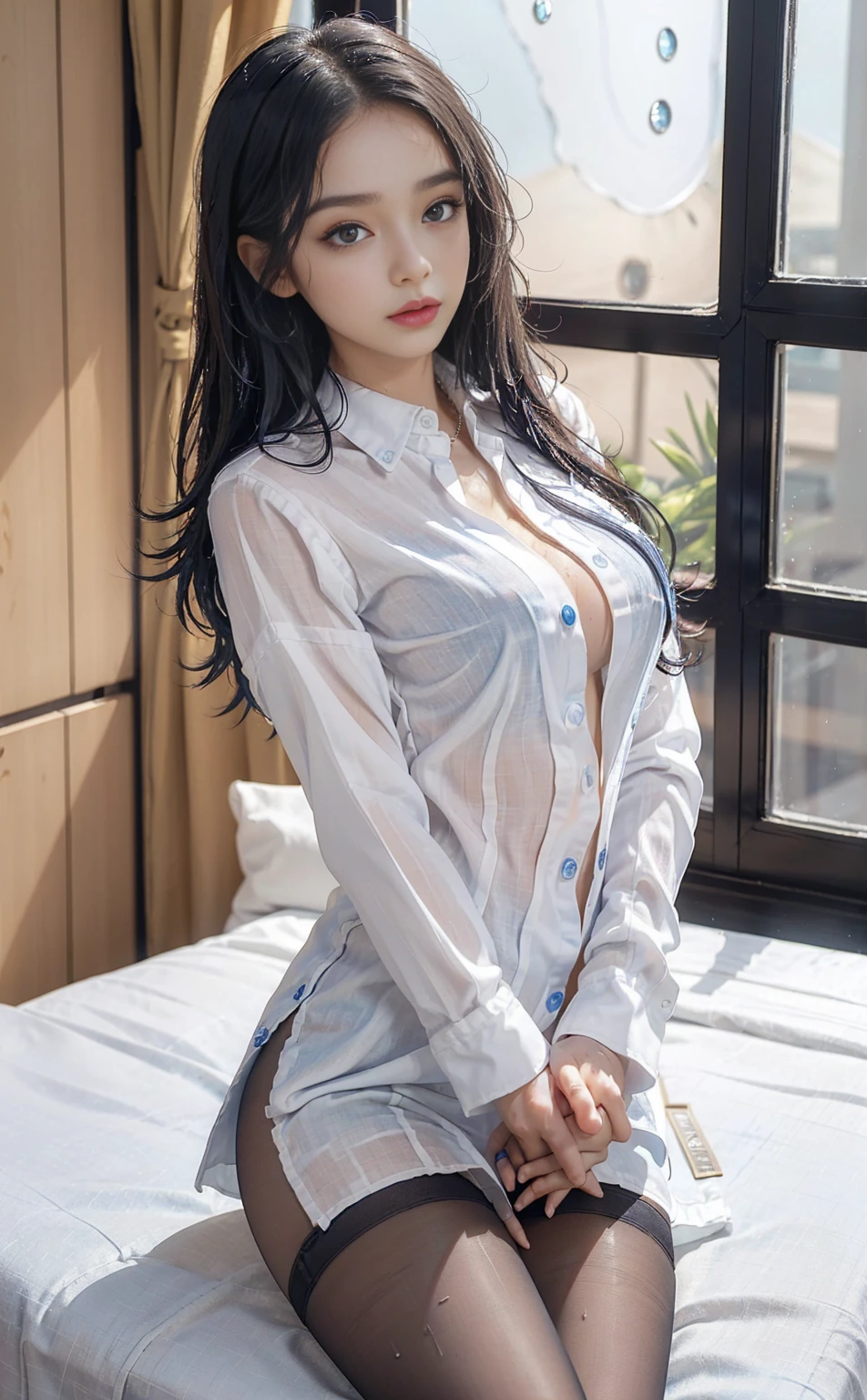 Girl VN01, there is a woman that is sitting on a bed with a white shirt, jaw-dropping beauty、No bra、Wearing an open shirt、Unbutton the、goddess of Japan, sakimichan hdri, Posing in the bedroom, smooth white surroundings, Open Shirt, Sexy :8, Japanese Models, Sexy Girl, Green lighting、