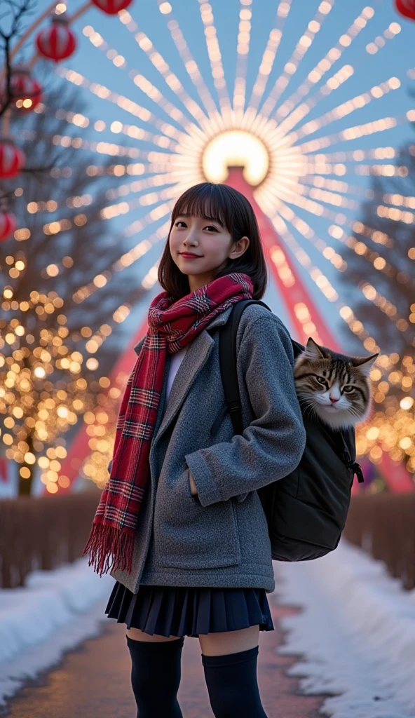 ultra-realistic, photorealistic, dramatic scene, shadow, global-illumination, solo, (teenage Japanese famous idol girl), very beautiful fragile Japanese girl, very beautiful with very cute but boyish cool face, (very large breasts), slim waist, (wearing a gray colored Japanese high school cute uniform of white shirt with blazer and skirt), (red ribbon), (stylish winter coat), (cute checked red woolen scarf), (glove), (She is wearing dark navy tights), (very large breasts), upper body shot, (The large fat cat is hiding in her backpack and peeks out of her backpack), (She is standing in front the gorgeously illuminated futuristic huge Ferris wheel), decorated with the Christmas decorated gift boxes and Christmas tree with illumination, with festive Christmas decoration, snow covered road, A few autumn leaves can be seen among the leafless trees, she looks so happy, happy smile, professional lighting, there are many cute ************ers