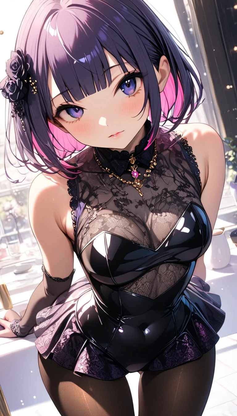 black hair, pink clothes, girl, solo, adult, gothic, (((short hair))), quality\(8k,wallpaper of extremely detailed CG unit, masterpiece,hight resolution,top-quality,top-quality real texture skin,hyper realisitic,increase the resolution,RAW photos,best qualtiy,highly detailed, breast